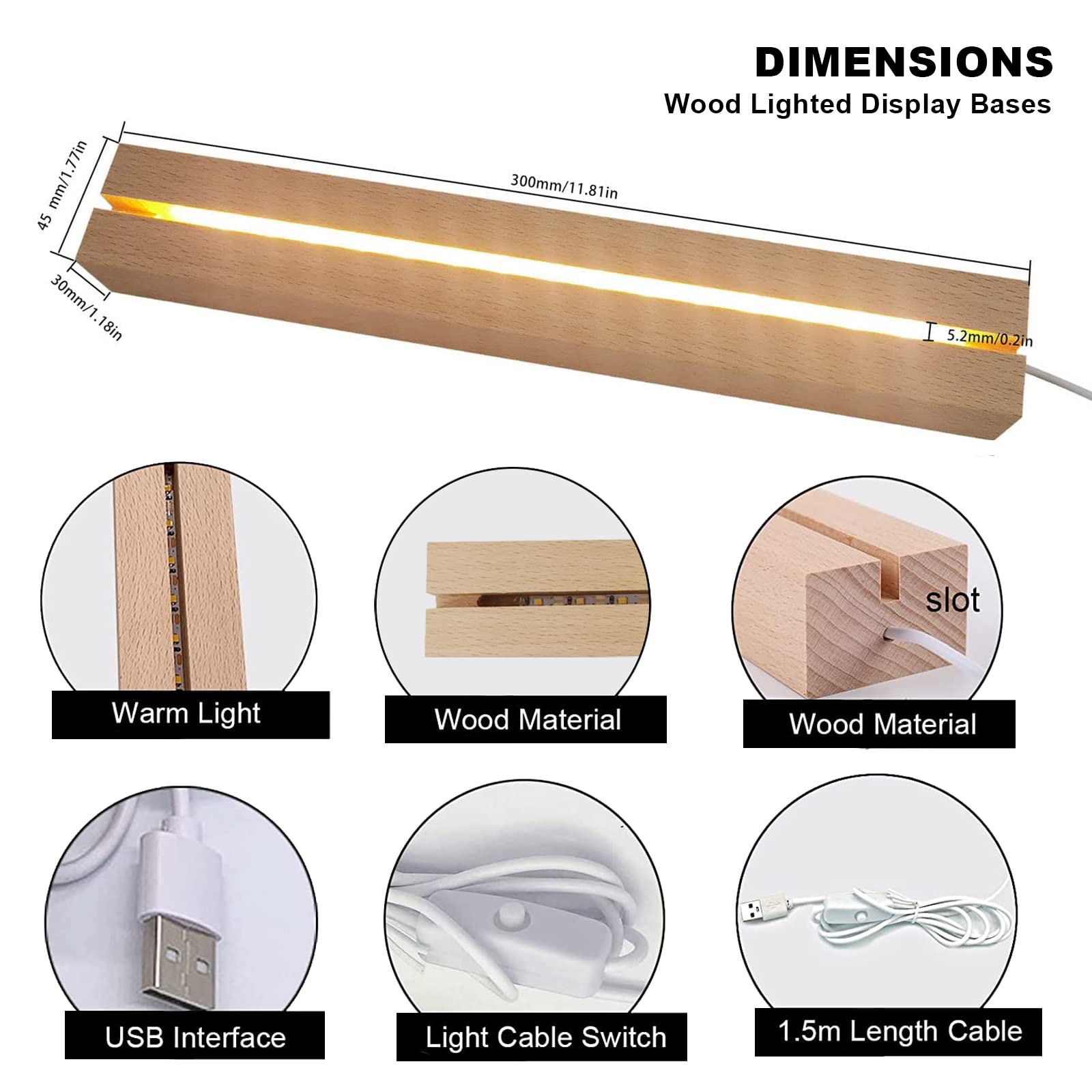 11.81 Inch LED Light Display Base - 2 Pack Wooden Pedestal for Acrylic & Glass Art, USB-Powered Night Light with Switch - Perfect for 3D Crystal Displays, Home Decor, and Gift Presentations