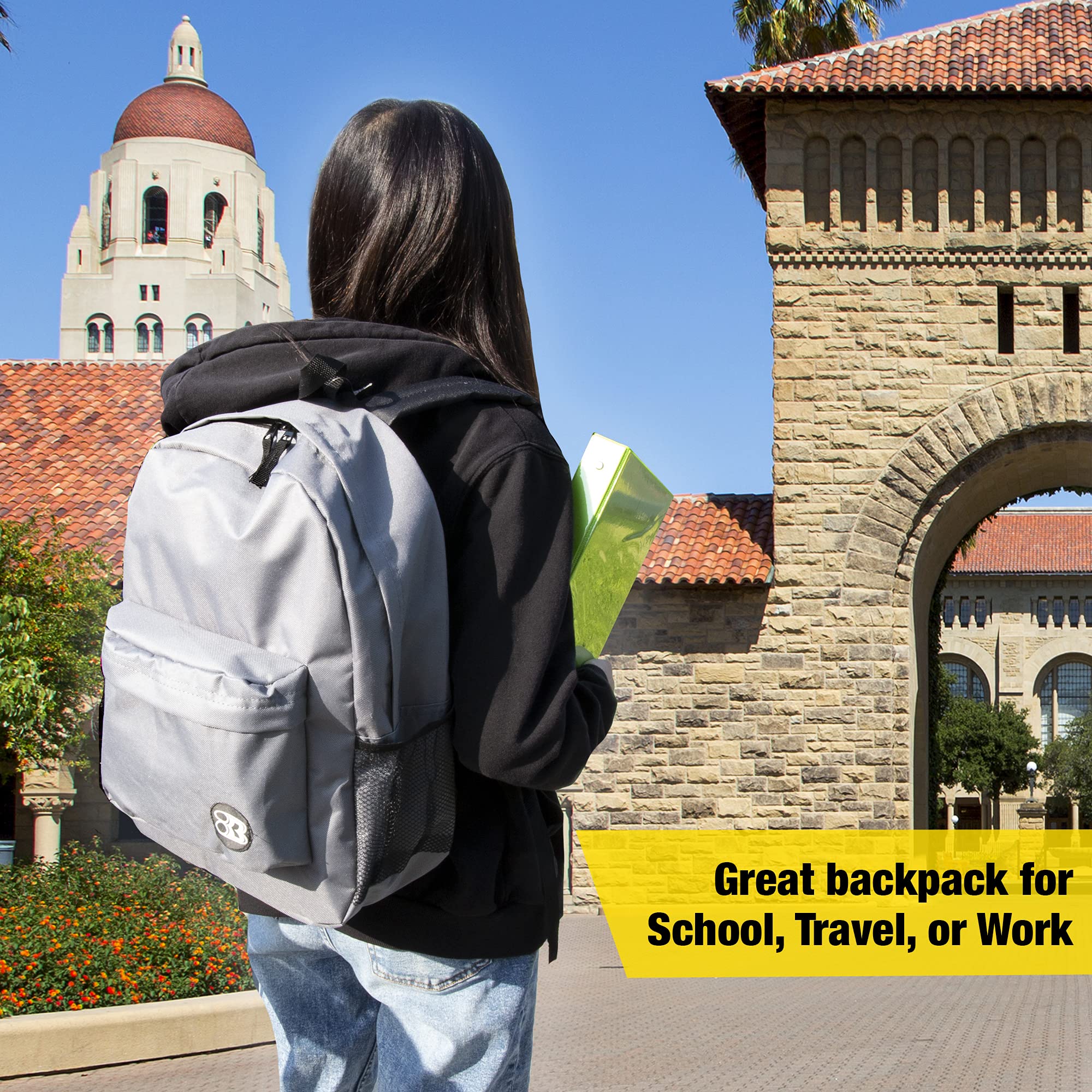 BAZIC 17-Inch Lightweight School Backpack with Padded Back & Adjustable Straps - Gray Student Backpack for High School & College, Travel Daypack Fits A4 Notebooks (12-Pack) - Perfect for Class, Commuting & Weekend Trips