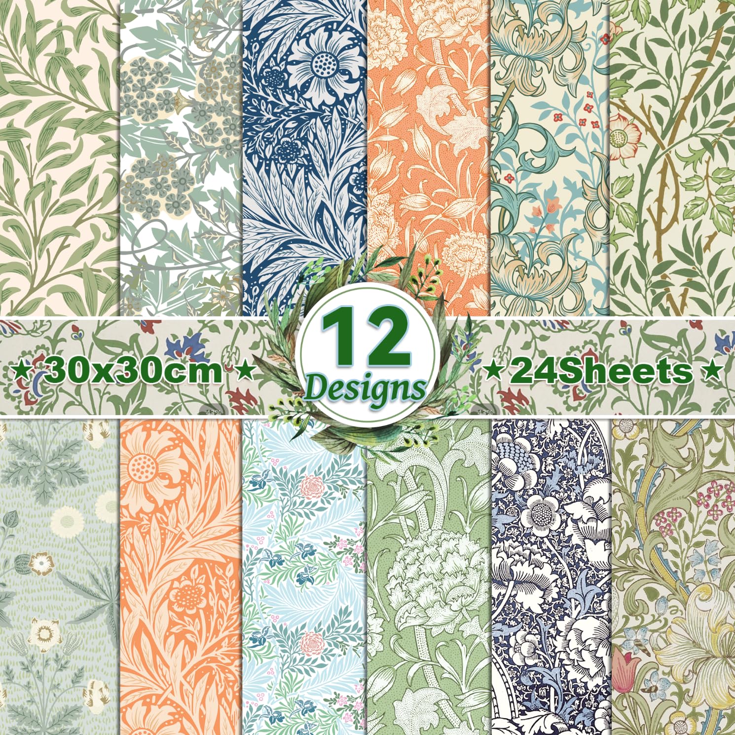 24 Sheets William Morris Scrapbook Paper Pad - Double-Sided Vintage Floral Patterned Decorative Craft Paper for Card Making, Photo Albums, Journals & DIY Projects - 11.8