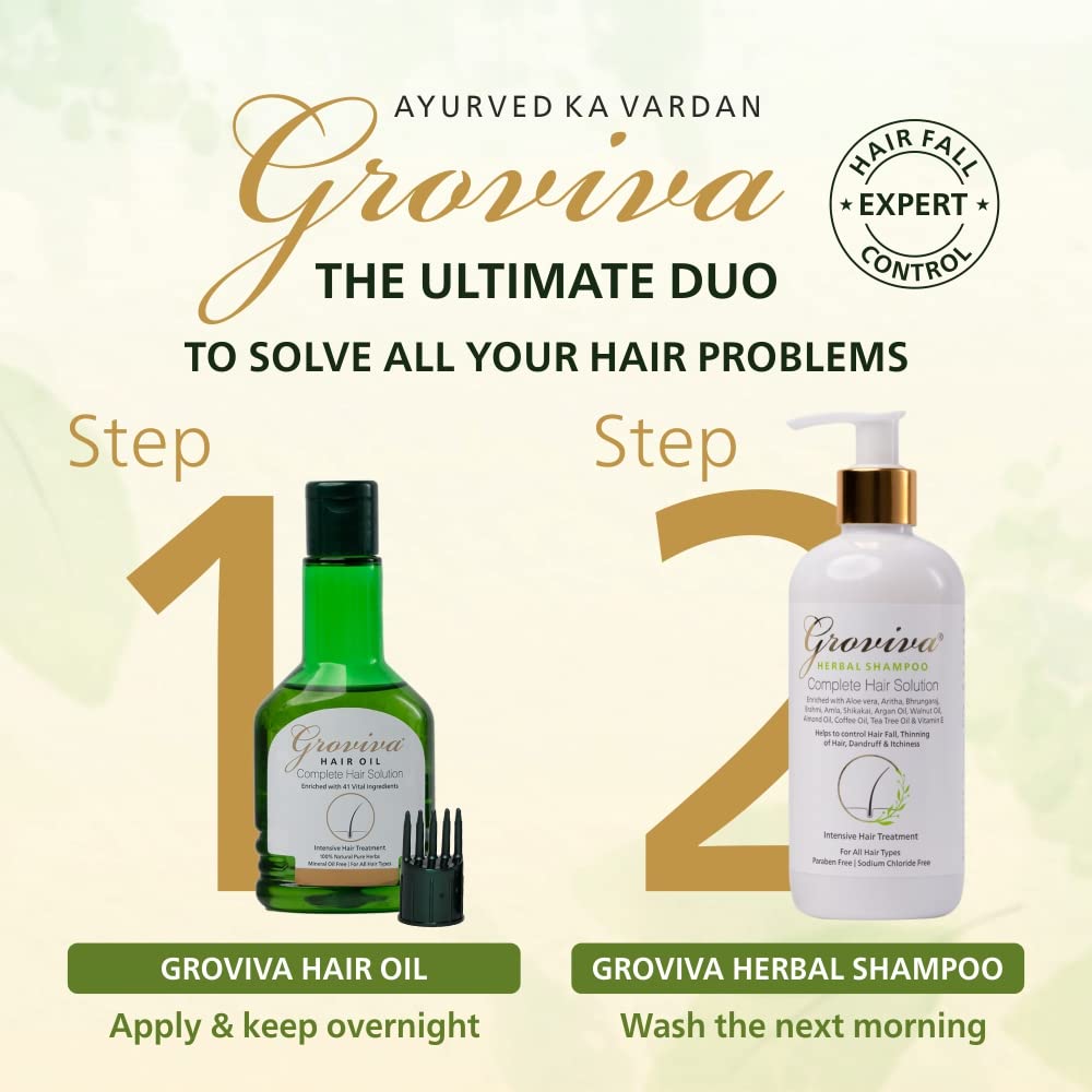 Groviva Ayurvedic Hair Oil 100ml with Free Shampoo | Natural Hair Growth Treatment for Hair Fall & Dandruff Control | Complete Hair Care Solution | Perfect for Daily Use, Scalp Massage & Damaged Hair Repair