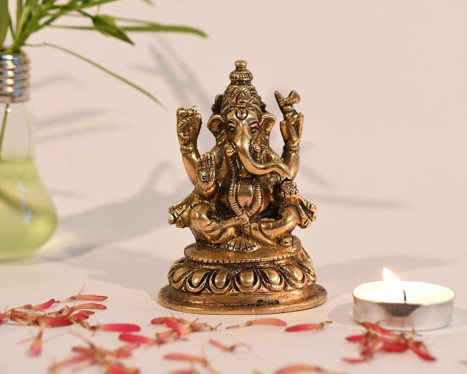 Lord Ganesha Brass Statue - 4 Inch Hindu God Ganesh Ganpati Sitting Idol Sculpture for Home & Office Decor - Brings Good Luck, Success & Prosperity - Perfect for Puja Altar, Meditation Space or Gift