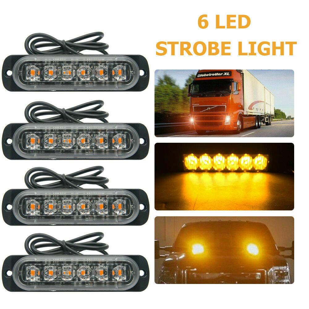 TOTMOX 4PCS 6 LED Amber Emergency Strobe Lights for Trucks - 12/24V Hazard Warning Beacon Lamps for Car, Trailer, Van, Caravan & Camper - High Visibility Flashing Safety Lights for Roadside Emergencies & Night Driving
