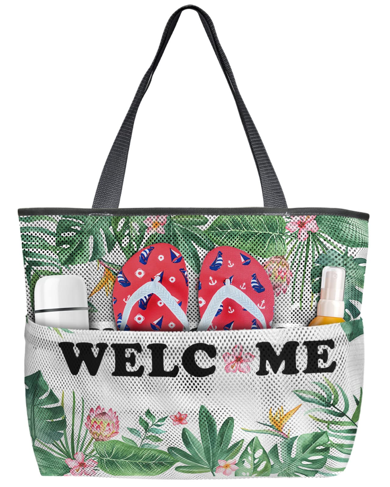 Large Mesh Beach Tote Bag for Women - Tropical Green Leaf Design with 8 Pockets, Perfect for Summer Travel, Pool, Grocery Shopping & Toy Storage