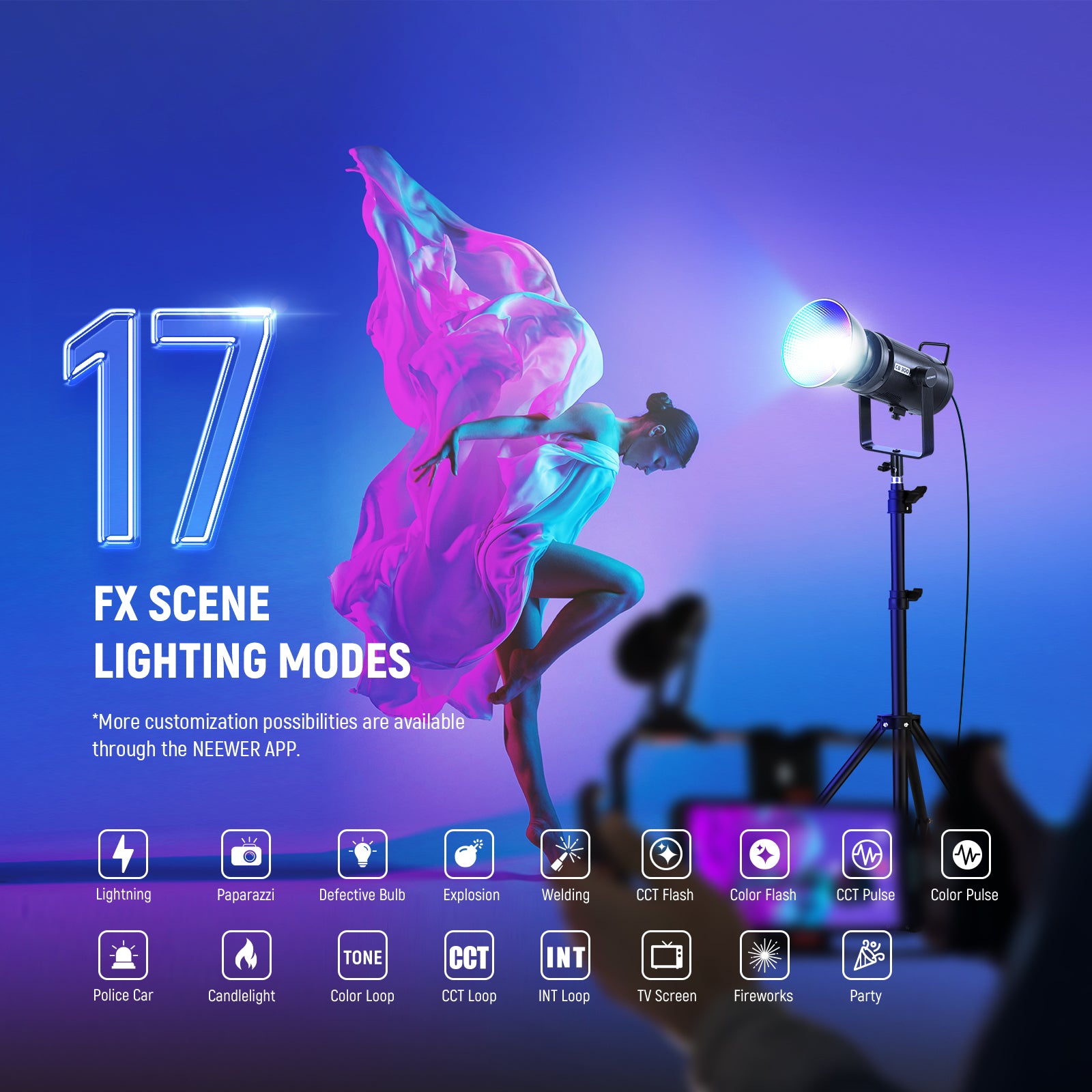 NEEWER CB300C 300W COB RGBWW LED Video Light - Professional Studio Lighting for Photography, Videography & Live Streaming - Perfect for YouTube, TikTok & Film Production