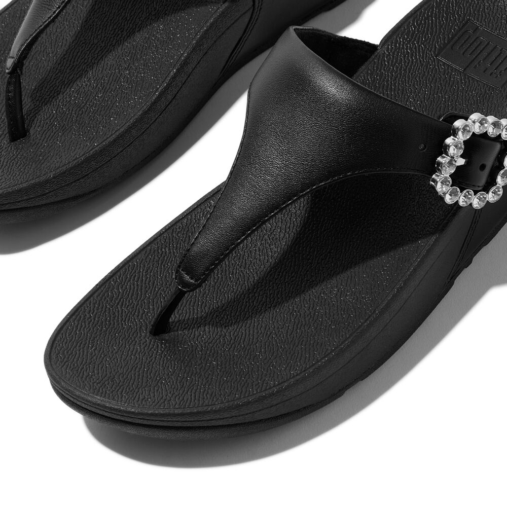 FitFlop Lulu Crystal Buckle Leather Sandals for Women - Comfortable Black Slide Sandals with Arch Support | Perfect for Beach, Vacation & Summer Outfits