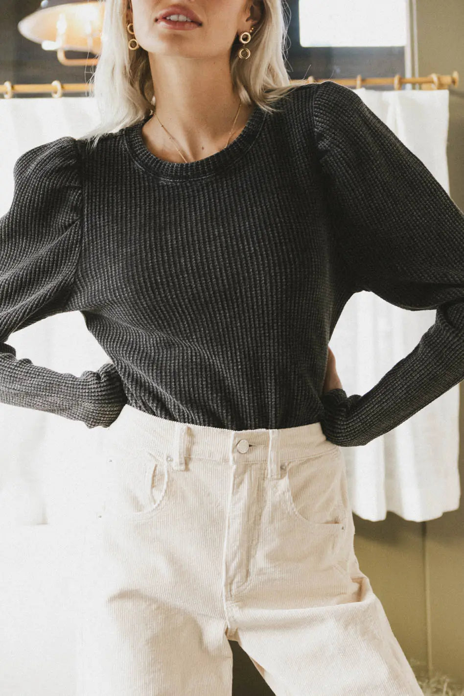 Kelcey Waffle Knit Top Women's Long Sleeve Crewneck Shirt - Soft & Comfortable Black Sweater for Fall & Winter | Casual Outfit, Layering, Office Wear, Date Night