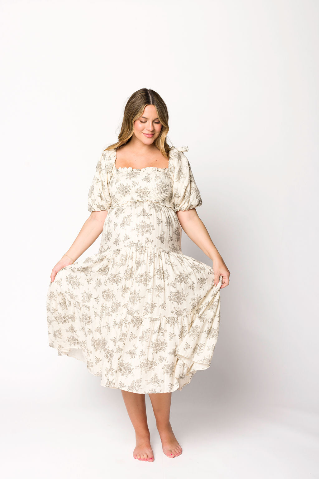 Elena Floral Toile Print Smocked Maternity Midi Dress in Ivory - Bump Friendly Summer Dress for Baby Shower, Brunch & Special Occasions