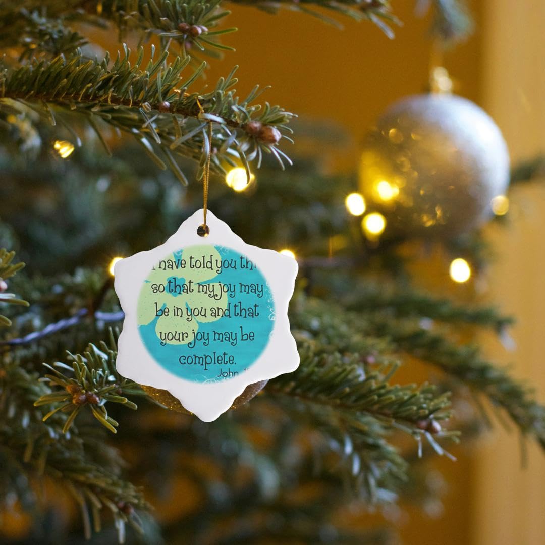 3 Inch Snowflake Porcelain Ornament with Bible Verse John 15:11 - Whimsical Flower Christian Religious Decor for Christmas Tree, Home, Gift & Inspirational Holiday Decorations