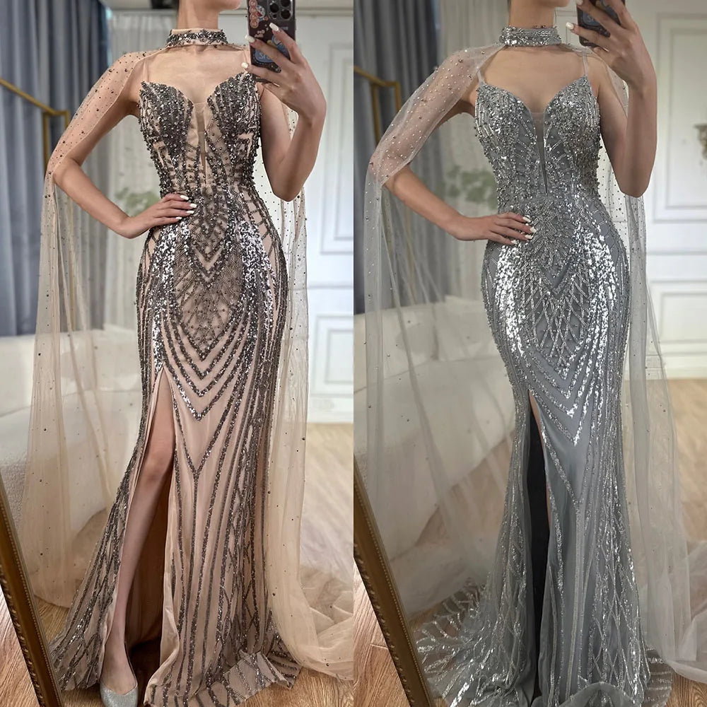 Elegant Black Beaded Spaghetti Strap Evening Gown with Long Cape - Dubai Luxury Formal Dress for Women - Perfect for Galas, Weddings & Red Carpet Events - LA72795