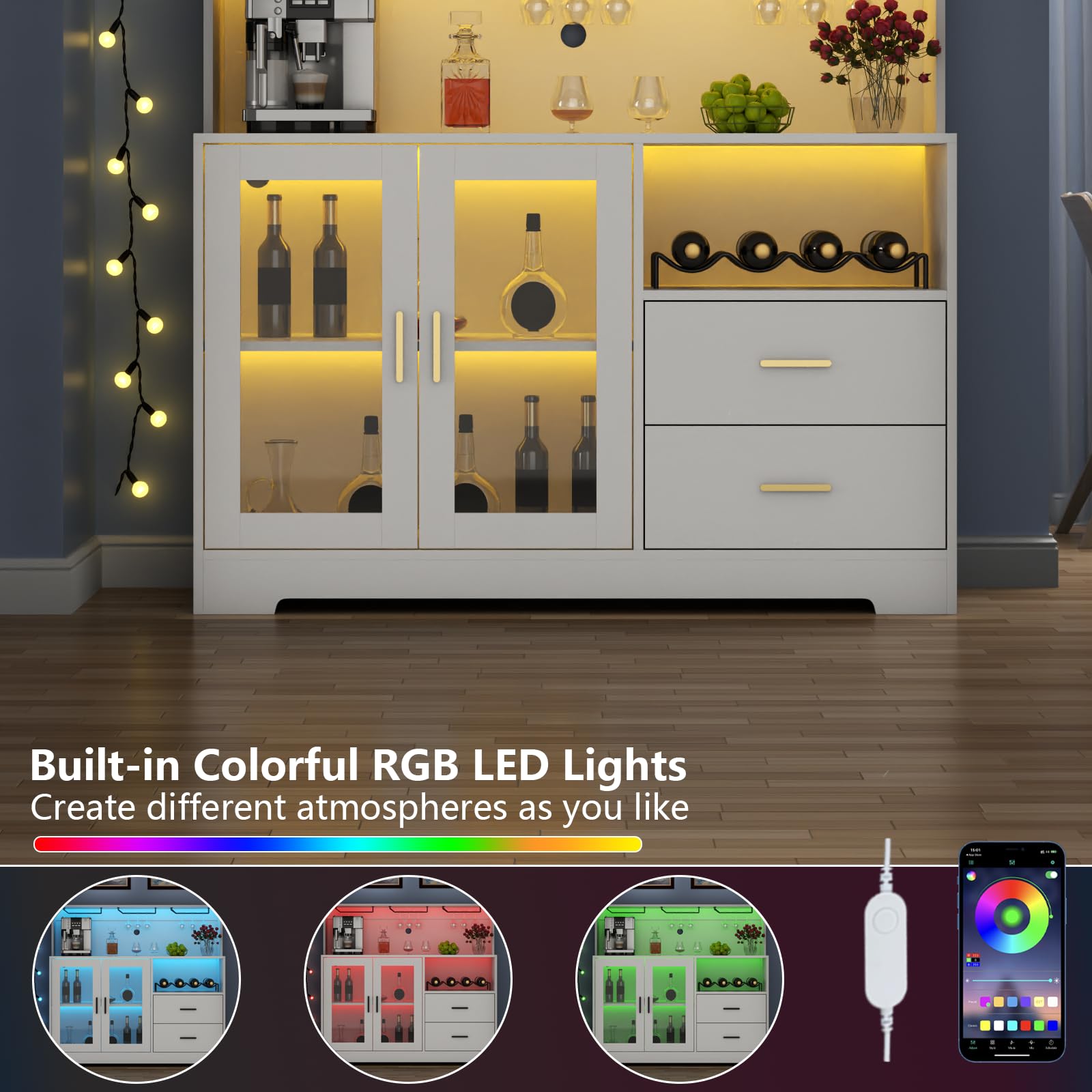 Modern White Wine Bar Cabinet with LED Lighting - Kitchen Buffet Sideboard with Wine & Glass Rack, Storage Cabinet & Drawers - Perfect for Living Room, Dining Room & Home Bar Setup