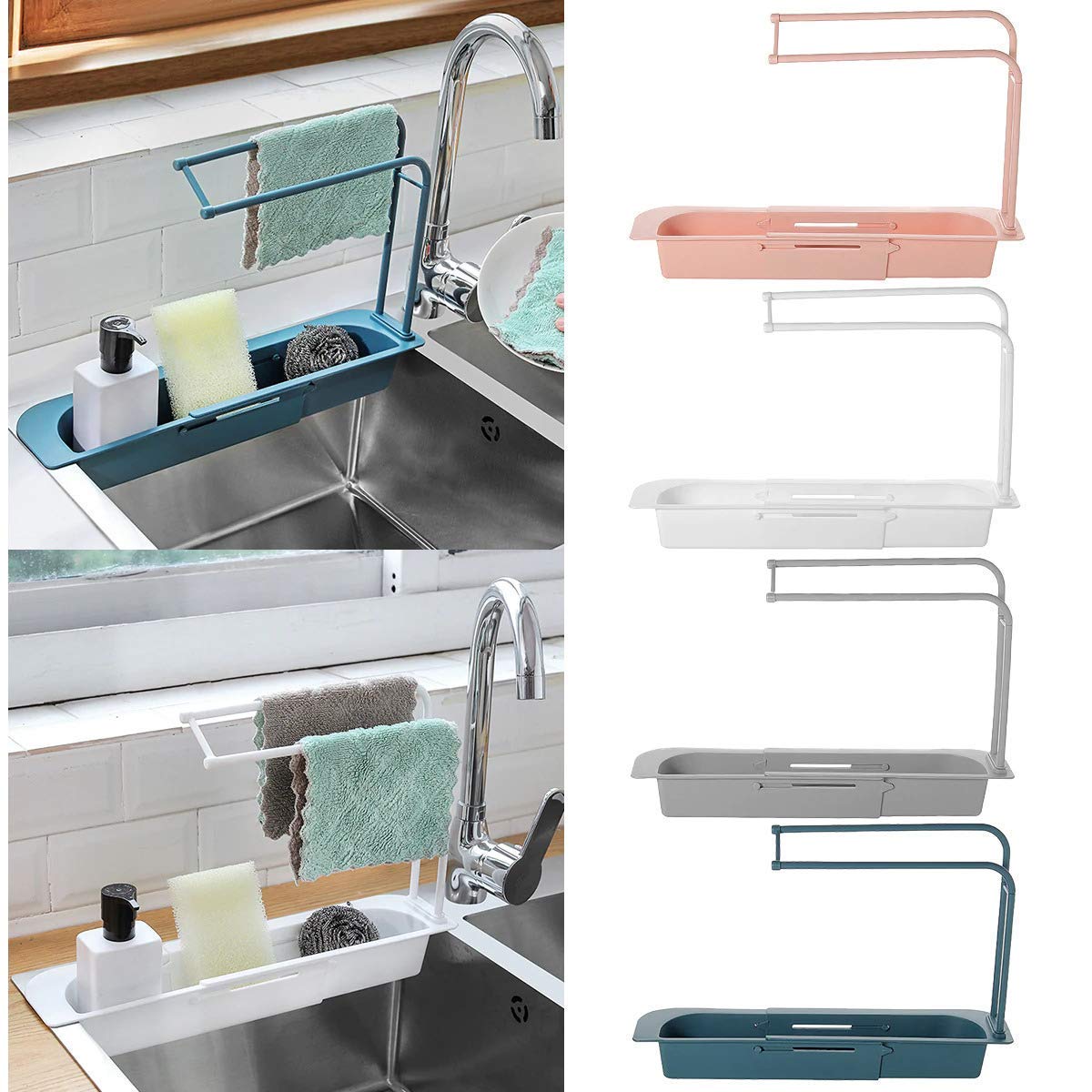 Expandable Plastic Kitchen Sink Storage Rack - Adjustable Drain Basket & Faucet Holder for Sponges, Soap, Dish Brushes with Towel Hanger (Multicolor) | Perfect for Small Kitchen Organization & Countertop Space Saving