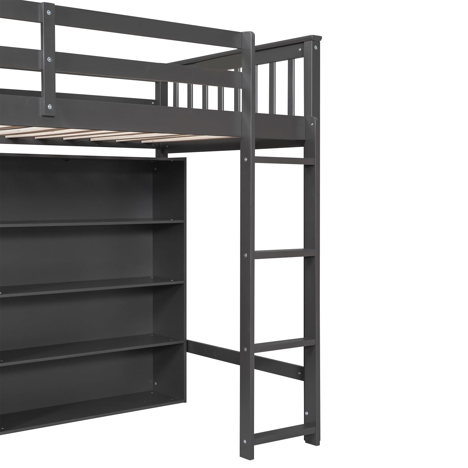SOFTSEA Twin Size Loft Bed with Storage Shelves & Bookcase - Solid Wood High Loft Bed Frame with Underbed Space & Ladder - Perfect for Kids, Boys, Girls & Teens Bedroom - Space-Saving Grey Loft Bed for Small Rooms, Dorms & Apartments