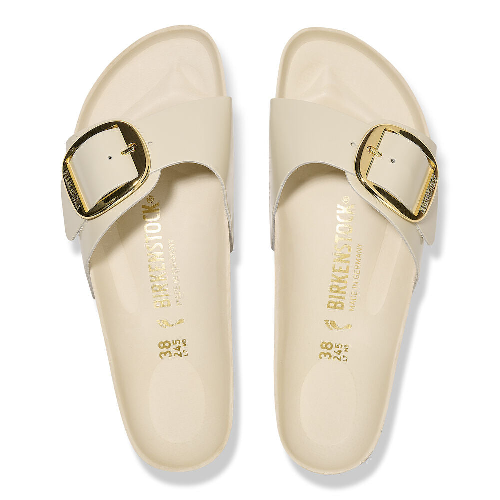 Birkenstock Madrid Big Buckle Sandals - High Shine Leather in Ecru | Comfortable Orthopedic Footbed | Perfect for Summer Outings & Beach Vacations