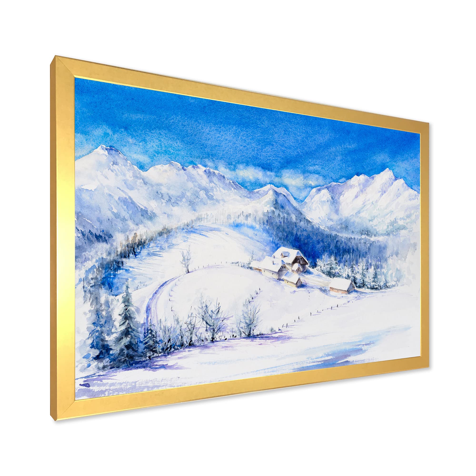 Winter Mountain Landscape With Wooden House - Traditional Framed Wall Art Decor for Living Room, Bedroom & Office - Cozy Cabin Scene Painting for Home & Gifts