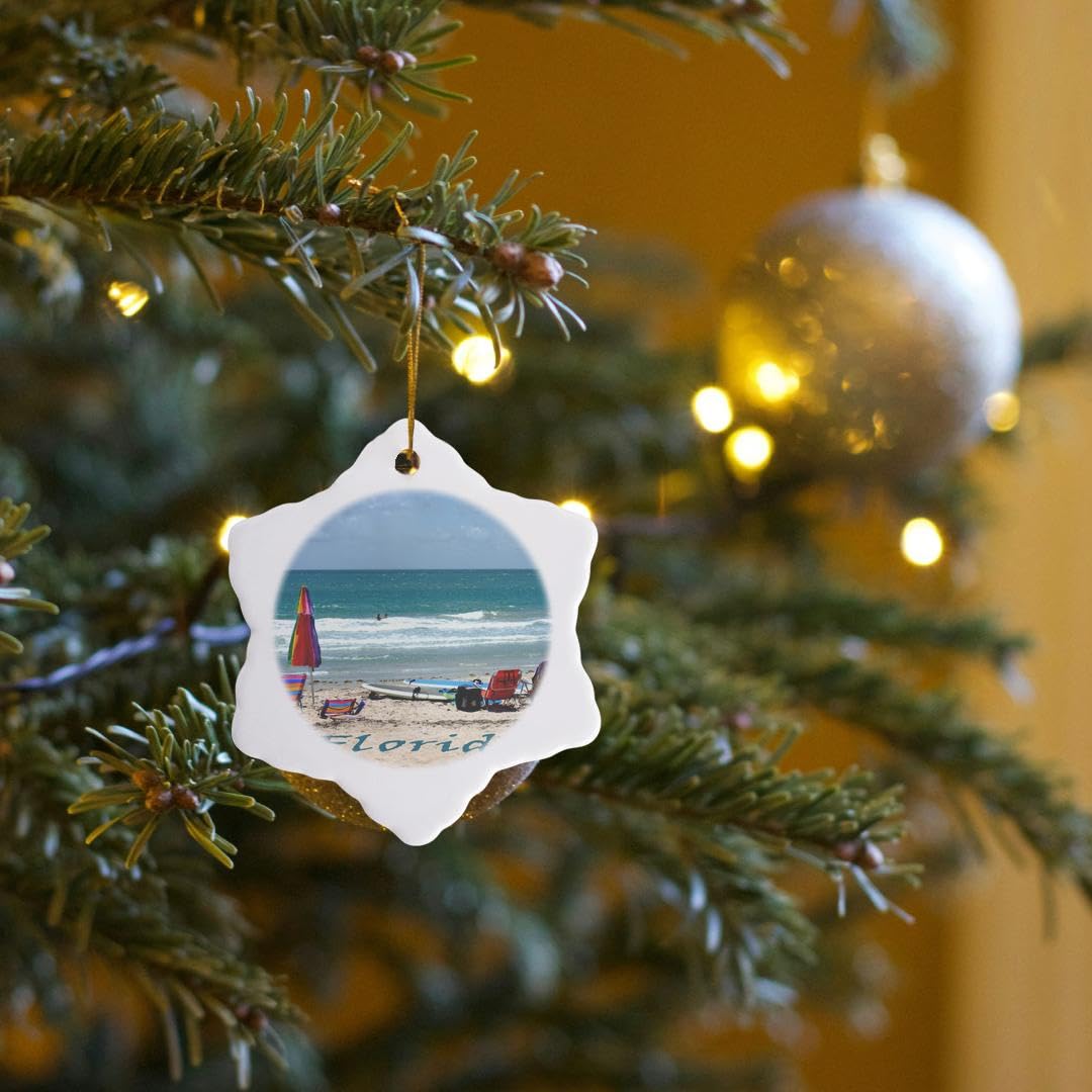 3D Rose Florida Beach Ornament - Porcelain 3-Inch Snowflake Decor with Surfboards, Umbrellas & Ocean Scene - Perfect for Christmas Tree, Coastal Home Decor & Holiday Gifts