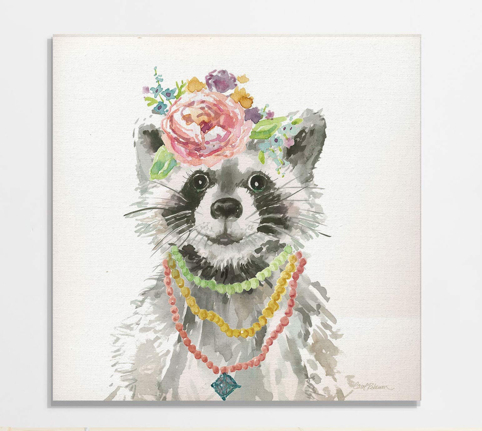 Glamour Girls Raccoon Wall Art - 16x16 Inch Nursery Decor, Kids Room & Playroom Animal Themed Painting - Perfect for Baby Shower Gifts & Children's Bedroom Decoration