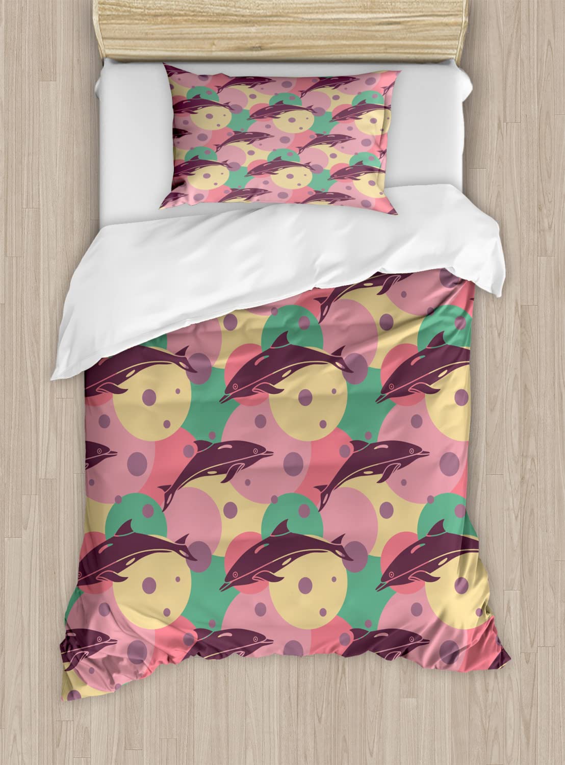 Ambesonne Queen Size Duvet Cover Set - 2 Pack Ocean Theme Bedding with Dolphins, Underwater Bubbles & Colorful Sea Illustration (Jade Green & Dried Rose) - Includes 2 Duvet Covers & 4 Pillowcases for Beach House Decor or Kids' Nautical Bedroom