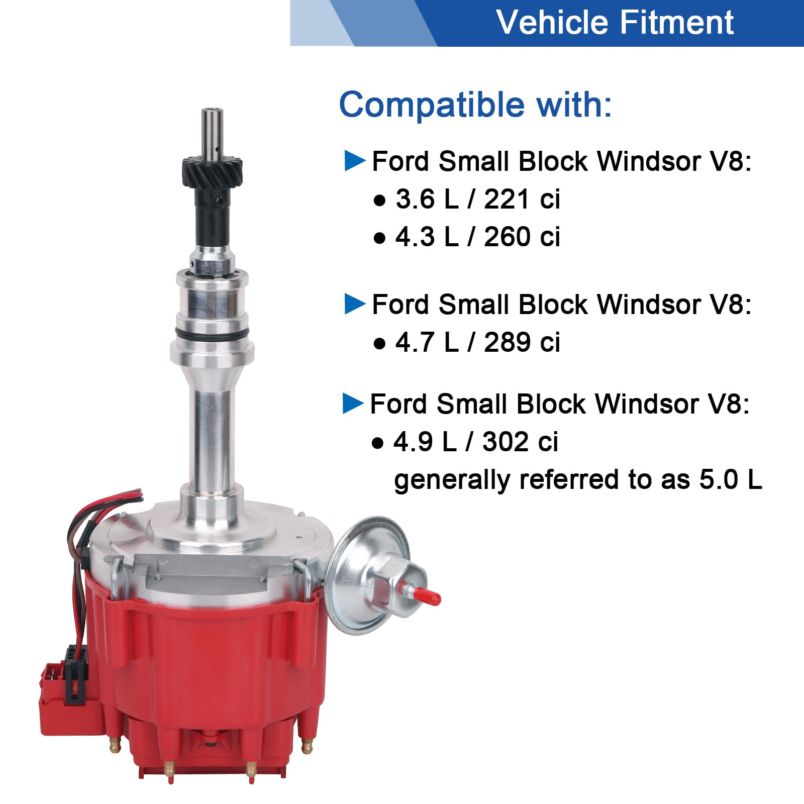 High-Performance Ignition Distributor with 65K Volt Coil - Compatible with SBF Small Block Ford 221 260 289 302 5.0L Engines (Red Cap) - Fits Ford 300 F-150 E-100 Econoline Mustang Fairmont - Direct Replacement for 1030213 PE330U - Ideal for Engine Upgrades & Classic Car Restoration