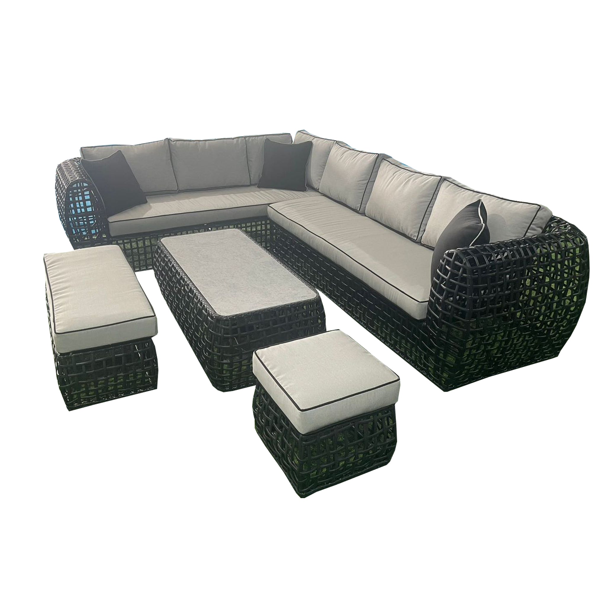 Luxury L-Shaped Rattan Patio Furniture Set with Fire Pit Table - Outdoor Dining & Lounge Seating for Garden, Deck, or Backyard