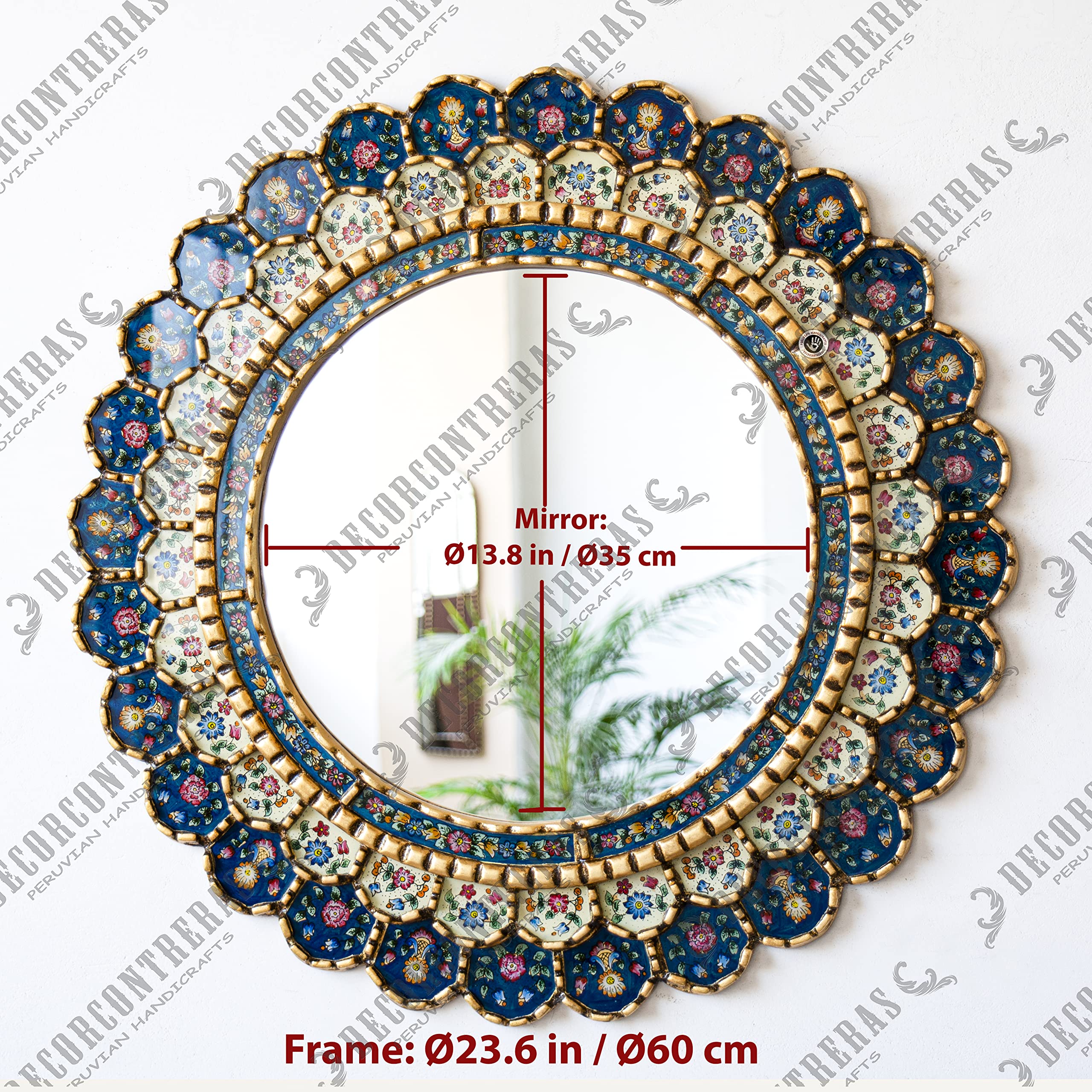 Blue Gold Circle Wall Mirror - Handmade Peruvian Round Hanging Mirror for Living Room Decor | Elegant Gold Frame Wall Art | Perfect for Bedroom, Bathroom & Entryway Decorations