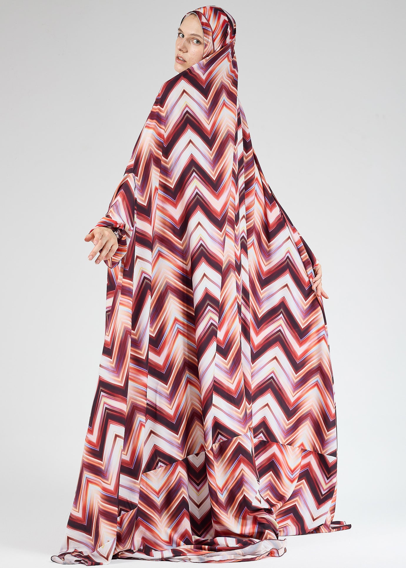 Faten Chevron Satin Prayer Gown with Elastic Cuffs - Comfortable Islamic Prayer Dress for Women, Perfect for Salah, Mosque & Home Worship