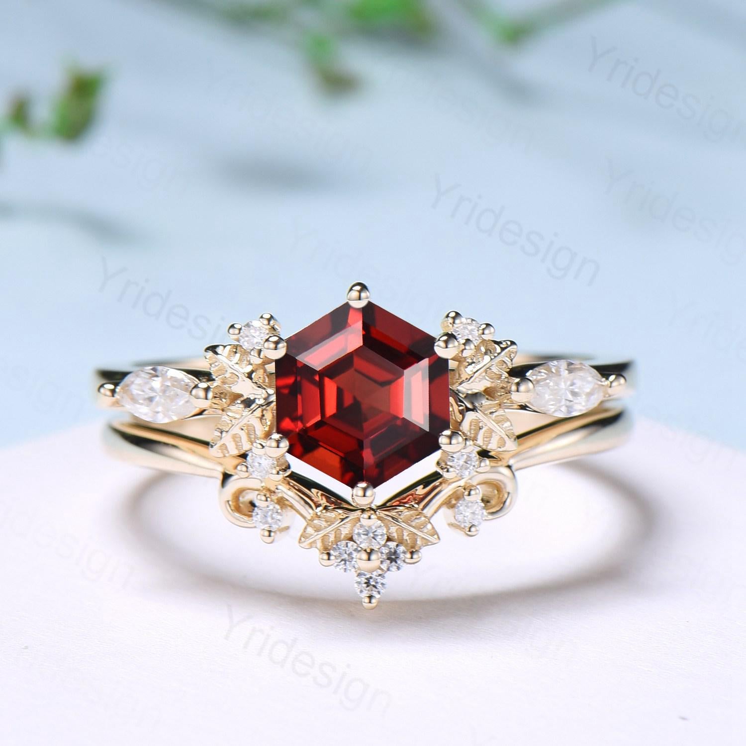 14K Yellow Gold Hexagon Garnet Engagement Ring Set - Nature Inspired Leaf Vine Wedding Band - January Birthstone Jewelry for Women - Perfect for Proposals, Anniversaries & Special Occasions