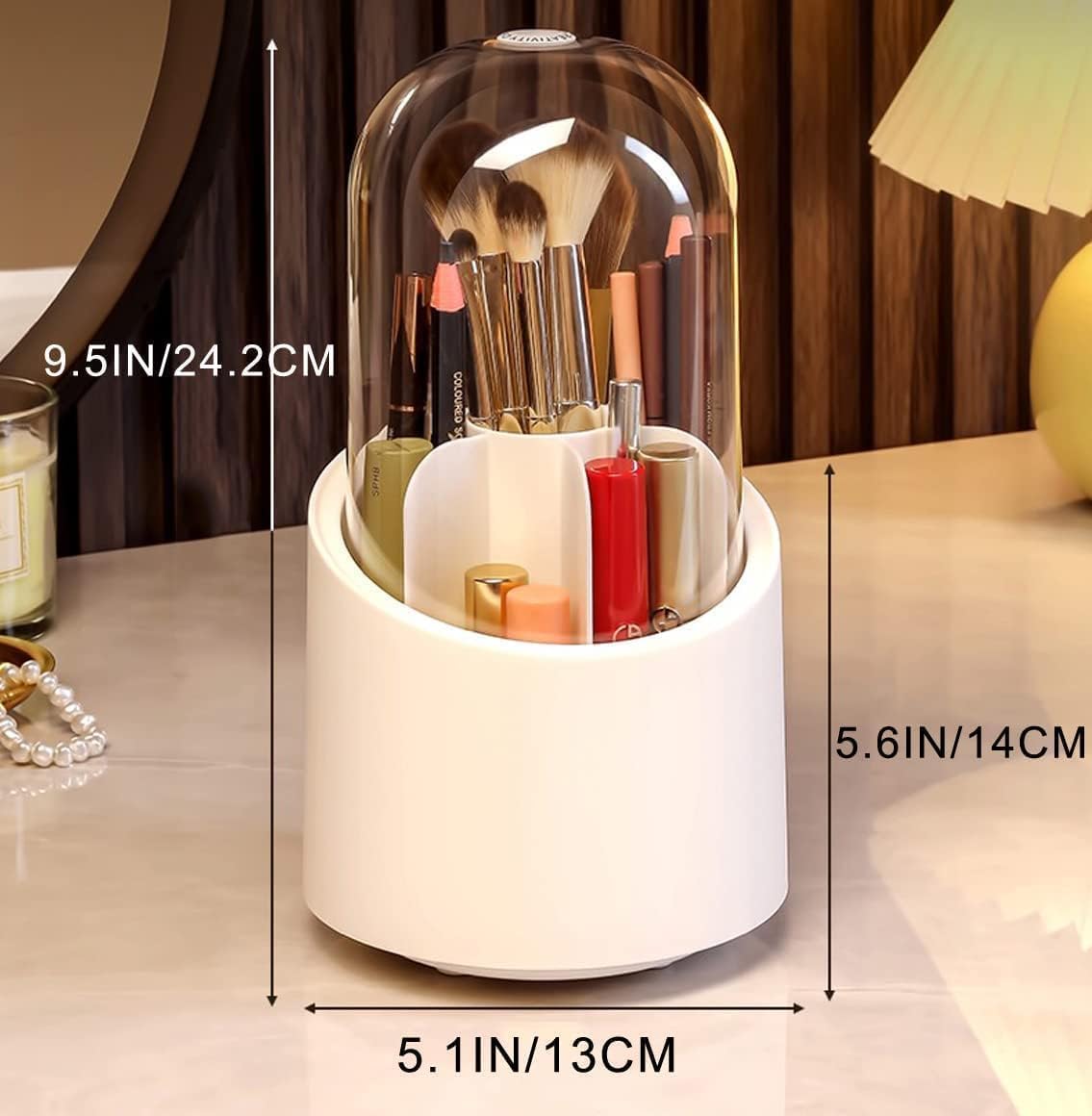 Rotating Makeup Brush Holder with Lid - Acrylic Cosmetic Organizer for Desk & Vanity