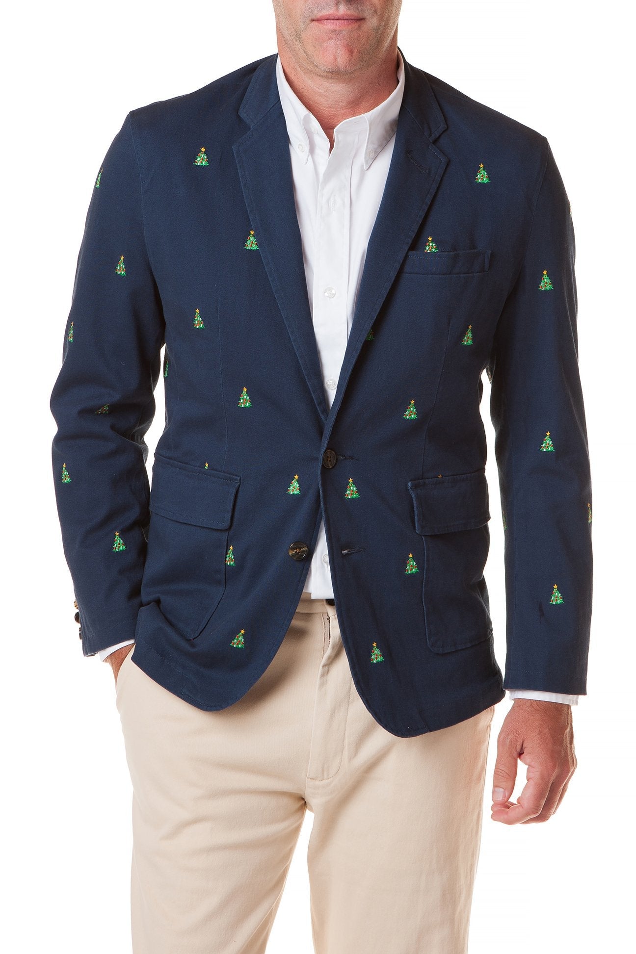 Spinnaker Blazer Nantucket Navy with Christmas Tree Print | Men's Casual Sports Coat | Perfect for Holiday Parties & Christmas Events