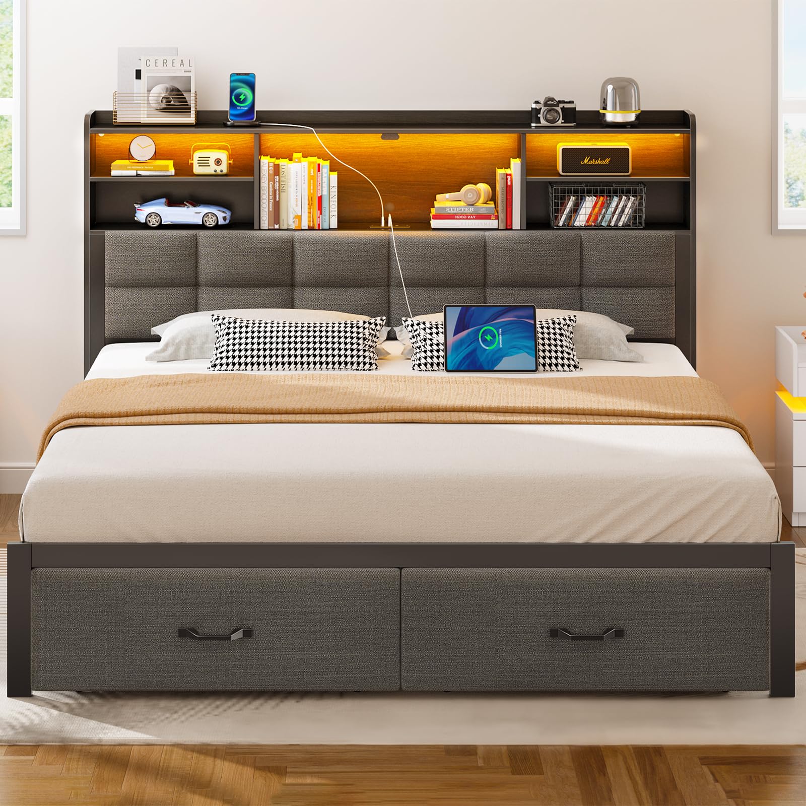 Rolanstar Queen Size Upholstered Platform Bed Frame with Storage Drawers, USB Charging Station & LED Headboard - Heavy Duty Metal Frame, No Box Spring Needed, Noise Free, Grey - Perfect for Modern Bedrooms, Guest Rooms & Small Spaces