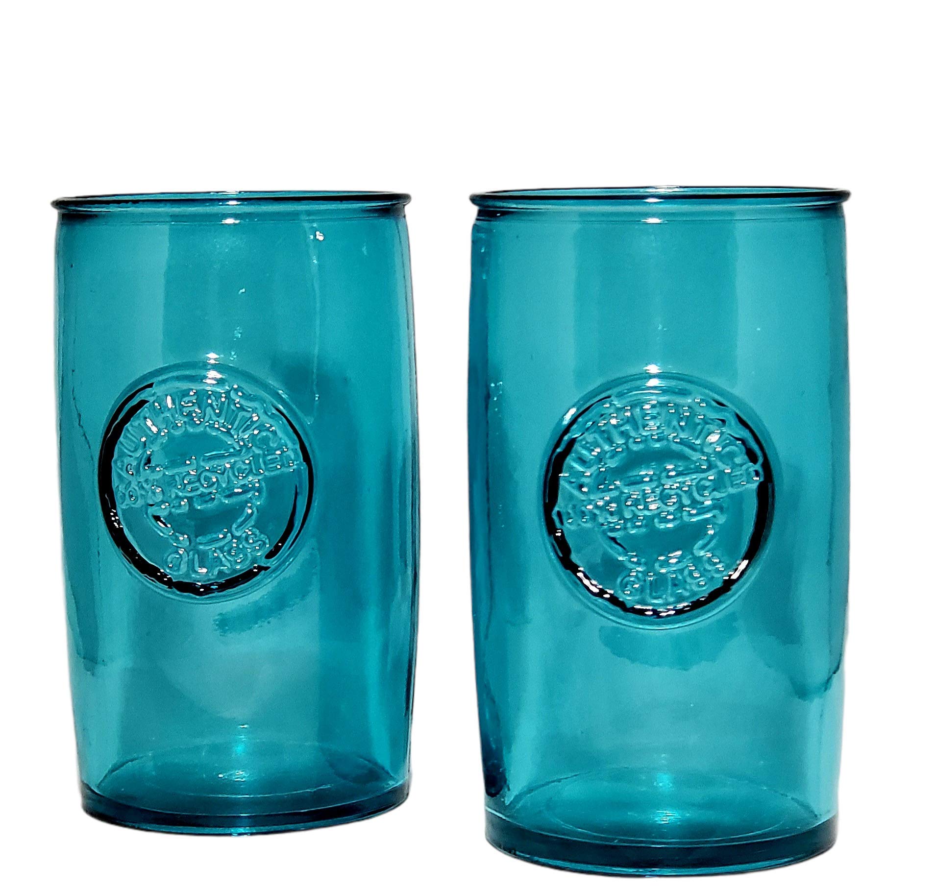 San Miguel Recycled Glass Drinking Glasses - Set of 2 Blue 16oz Cups, 100% Recycled & Dishwasher Safe - Perfect for Cocktails, Iced Coffee & Eco-Friendly Home Decor