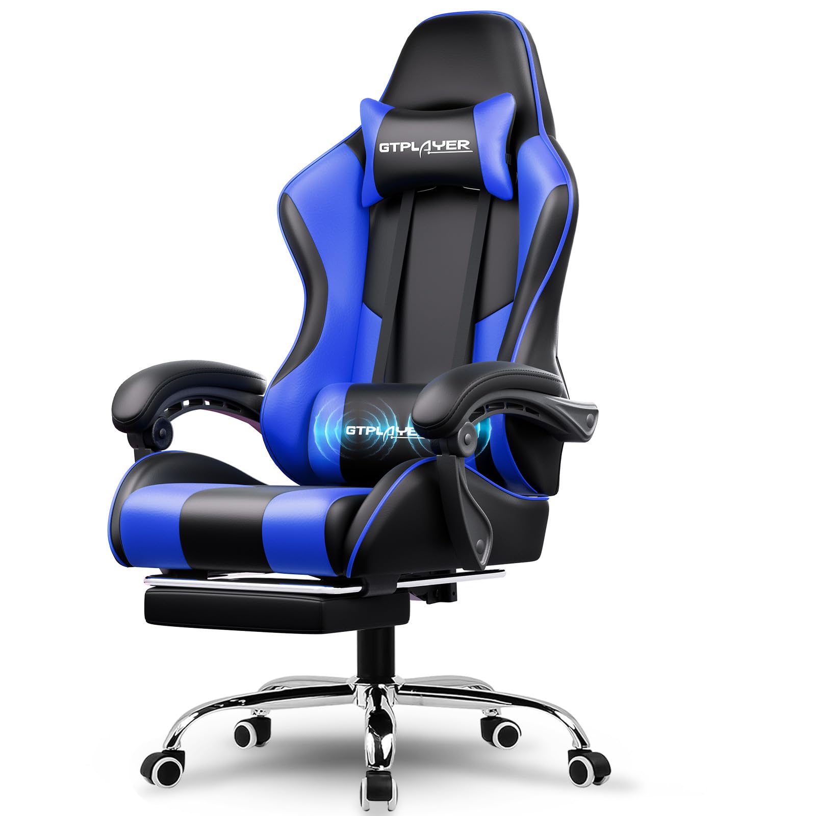 GTPLAYER Ergonomic Gaming Chair with Adjustable Lumbar Support & Footrest - 360° Swivel Office Chair with Headrest for PC, Computer, Video Games & Home Office (Blue) - Perfect for Long Gaming Sessions & Work From Home Comfort