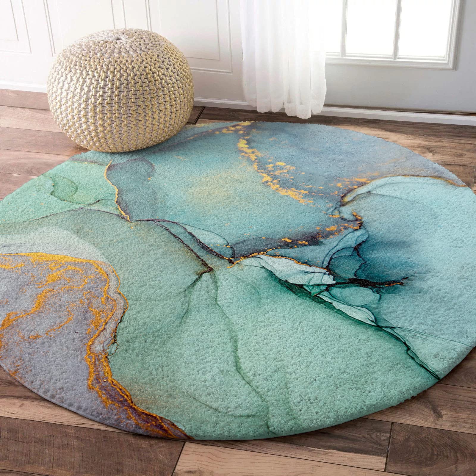 OneHoney Round Plush Area Rug - Soft Shaggy Teal Blue Gradient Marble Carpet, Circular Furry Floor Mat with Abstract Stripes Design, 48 Inch Diameter for Bedroom, Living Room, Nursery & Kids Room | Perfect for Cozy Home Decor and Play Areas