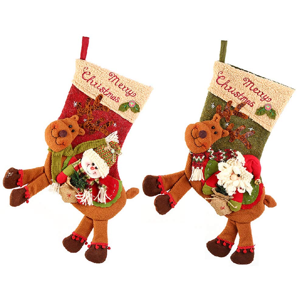 2PCS Christmas Stockings - 22 Inch Candy Gifts Pouch Bag with 3D Santa Claus, Reindeer & Snowman Design - Personalized Xmas Ornament for Fireplace, Tree Decoration & Holiday Home Decor