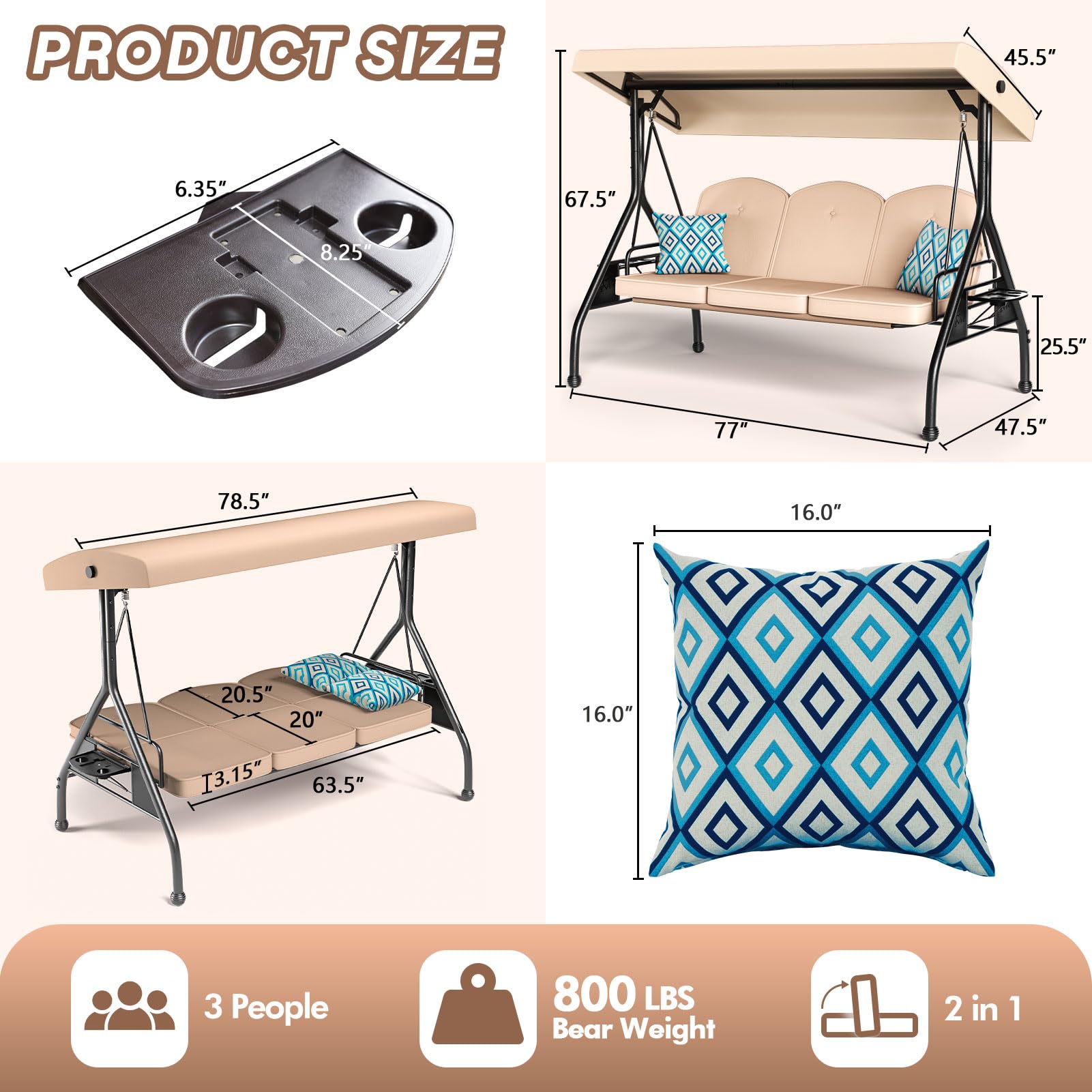 3-Seat Outdoor Porch Swing 800lbs Capacity - 2-in-1 Patio Glider Chair with Adjustable Canopy & Removable Cushions - Heavy Duty Steel Frame Swing Set with Stand for Garden, Deck, Backyard (Khaki, Round Tube) - Perfect for Relaxing, Lounging & Enjoying Outdoor Spaces