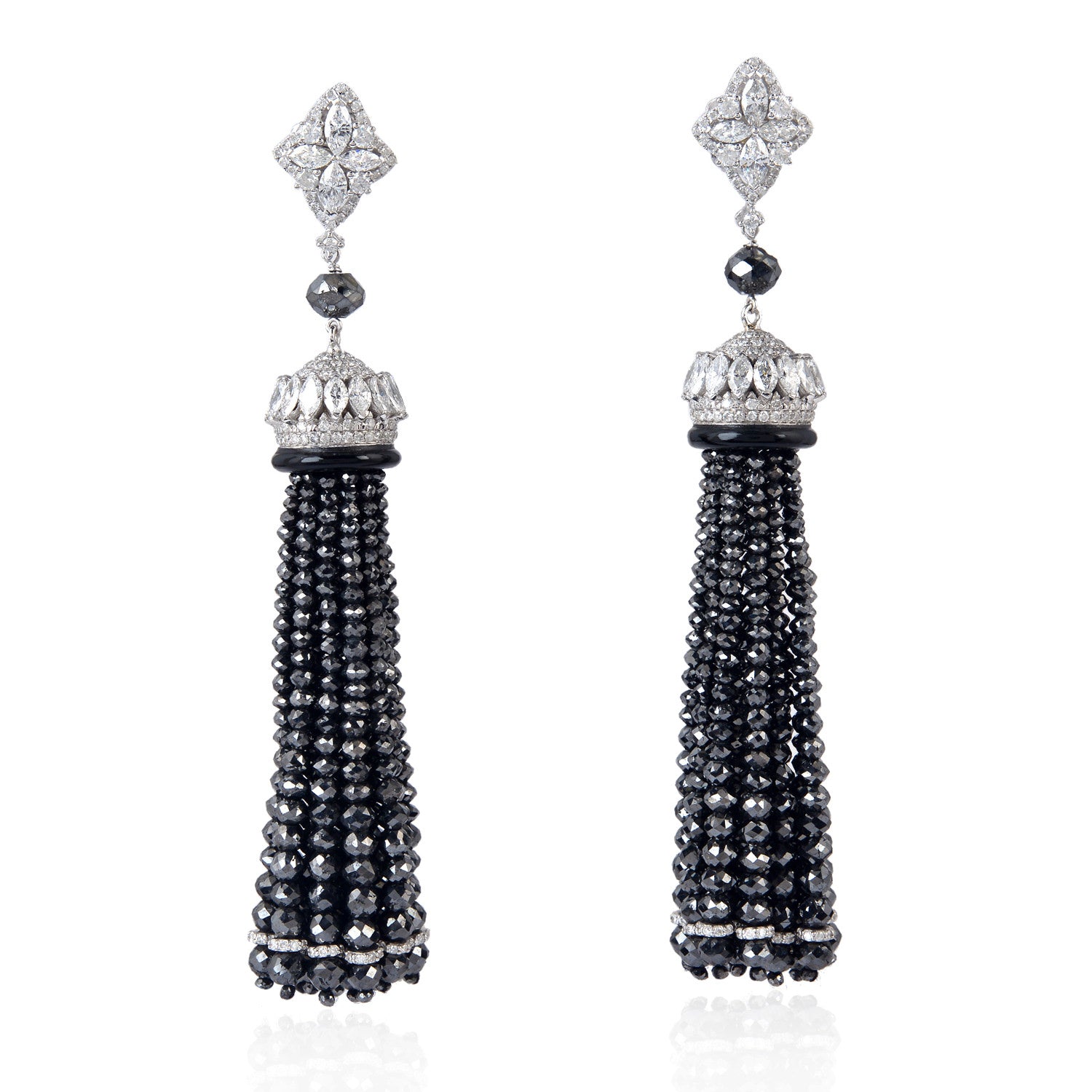 Faceted Black Onyx Beads & Ice Diamond Tassel Earrings in White Gold – Elegant Dangle Earrings for Women, Perfect for Parties, Weddings & Evening Events