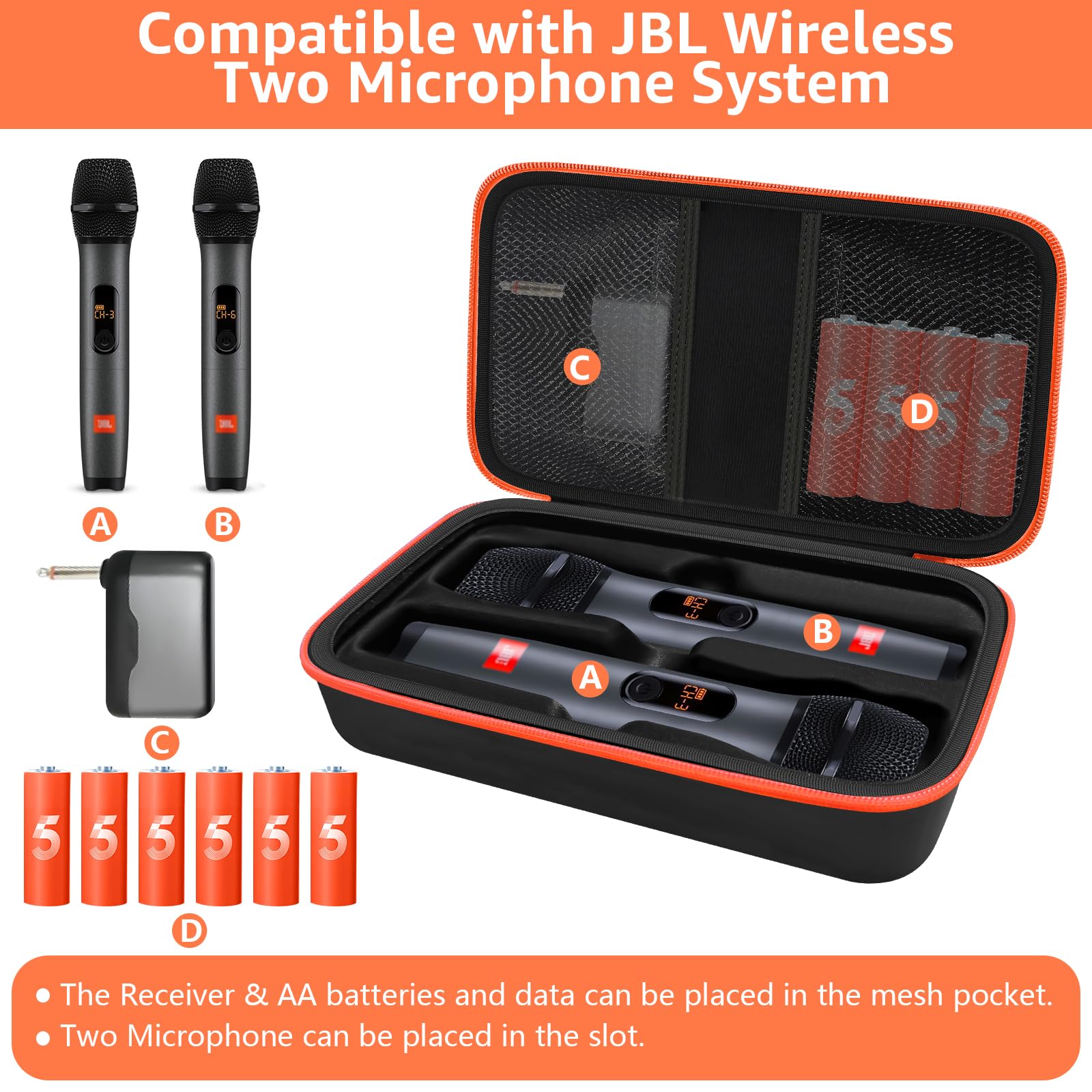 JBL Wireless Microphone Case - Portable Travel Storage Bag for Dual Handheld Mics, Receivers, Adapters & AA Batteries | Durable Black Carrying Case for Karaoke, Singing & Live Performances