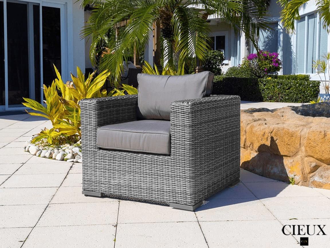 Riviera Outdoor Patio Wicker Large Sectional Sofa and Club Chair Set - Grey Wicker Furniture with Sunbrella Canvas Charcoal Cushions - Perfect for Backyard, Poolside, and Garden Relaxation