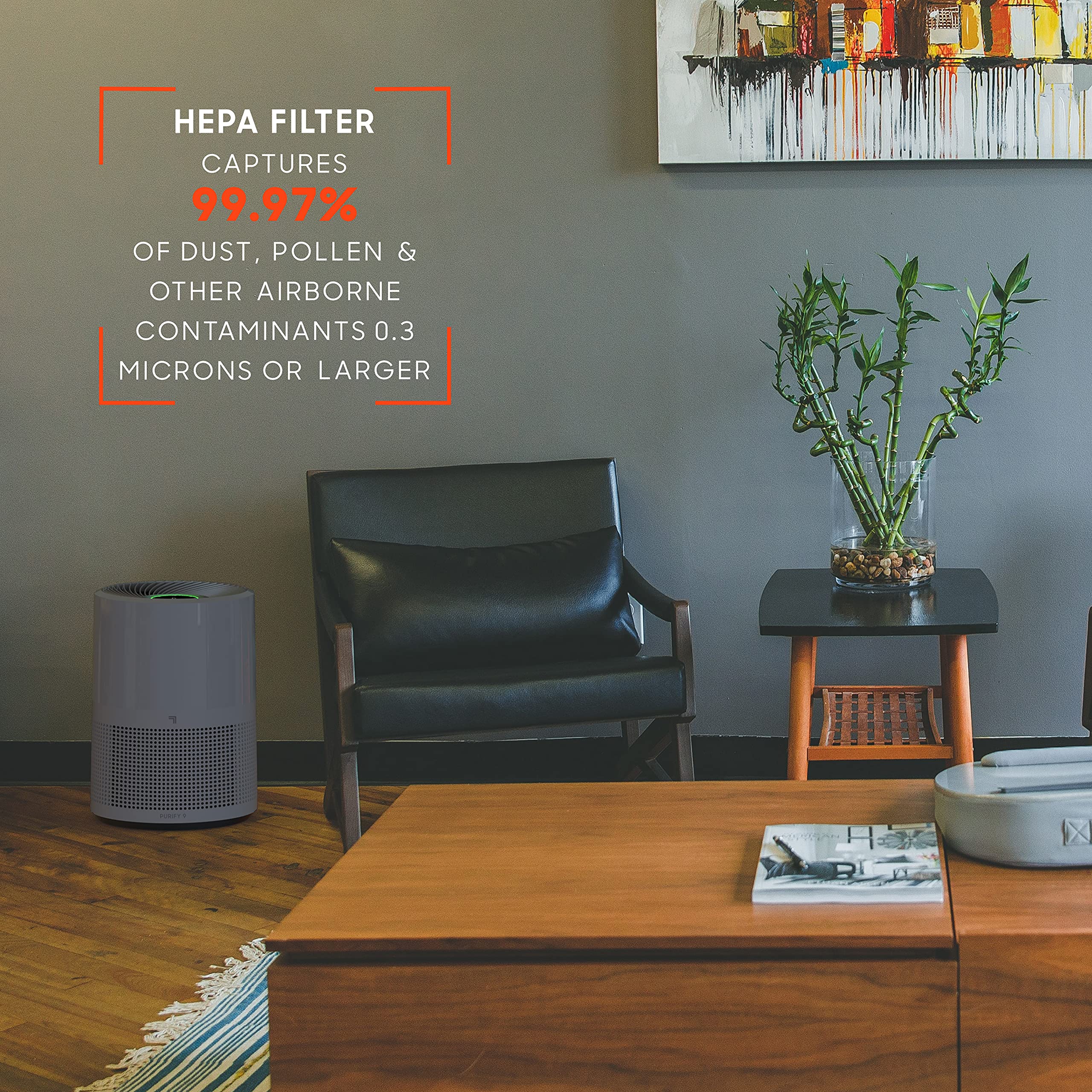 Sharper Image PURIFY 9 Whole Room Air Purifier with True HEPA Filter, Activated Carbon Filter & Air Quality Monitor - Eliminates Allergens, Dust, Pet Dander - Ideal for Home, Bedroom, Office, Nursery and Living Room