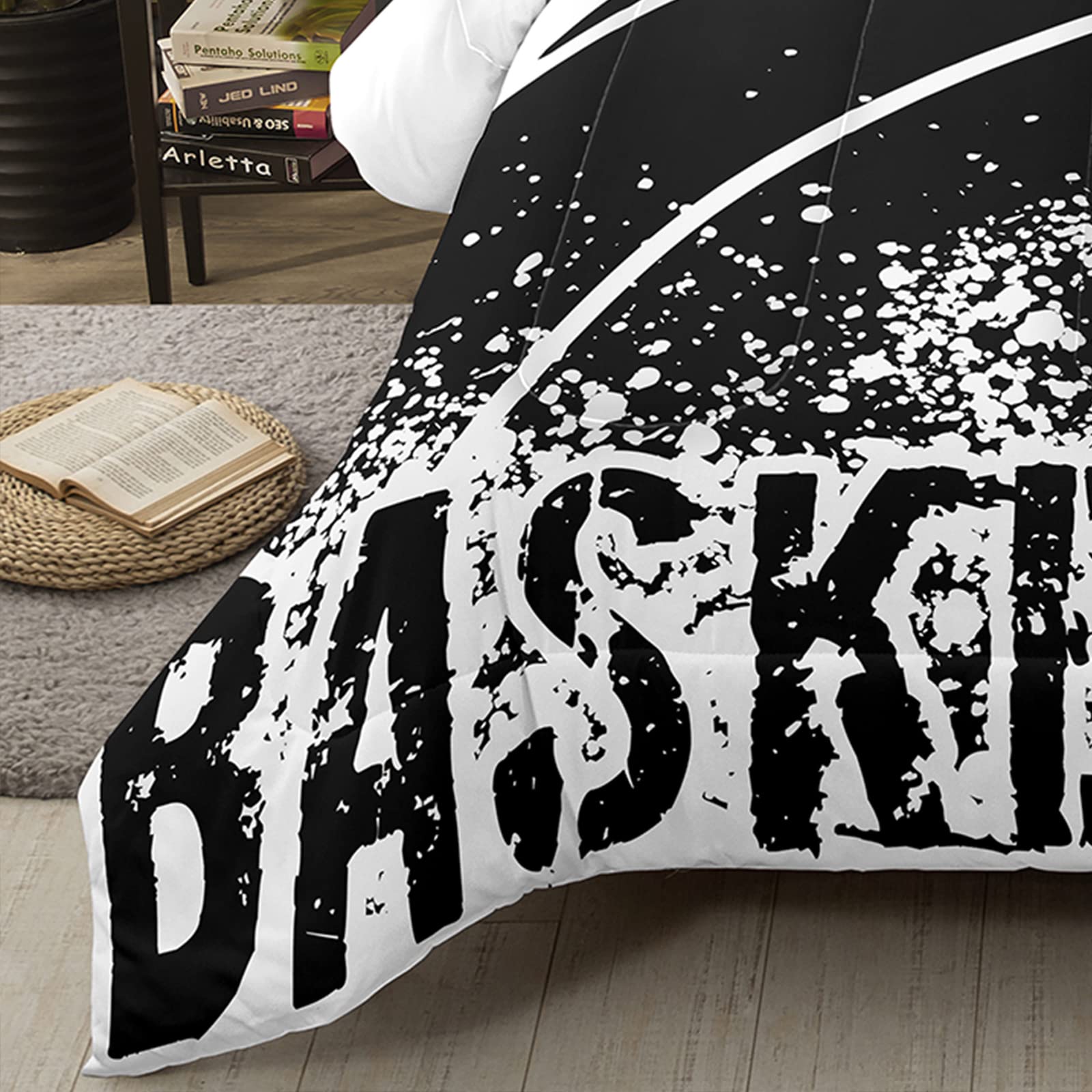 Basketball Print Comforter Set King Size - Black and White 3-Piece Bedding with 2 Pillowcases for Kids, Teens & Boys | Perfect for Sports-Themed Bedrooms, Dorm Rooms & Gift Ideas
