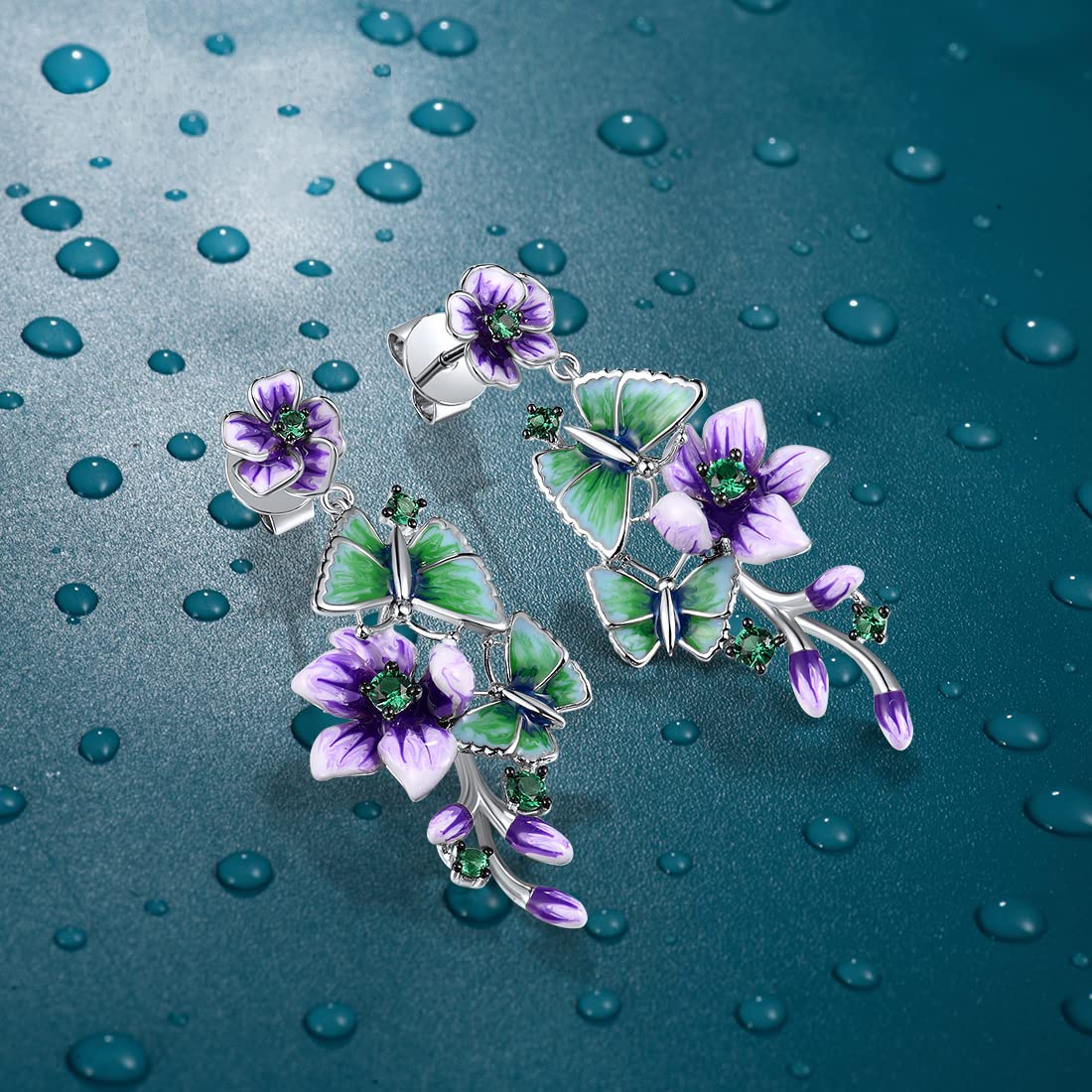 Santuzza 925 Sterling Silver Gemstone Enamel Flower Earrings for Women - Elegant Floral Dangle Earrings for Party, Wedding & Everyday Wear