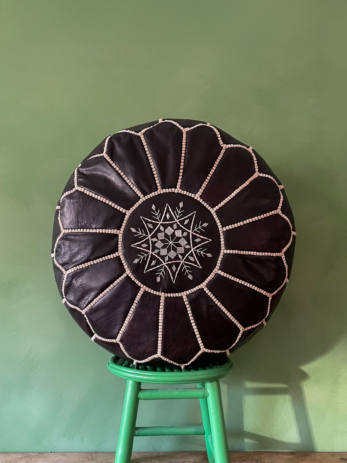 Handmade Moroccan Leather Pouffe Ottoman - Ebony Brown Genuine Leather Footstool for Living Room, Bedroom & Boho Decor