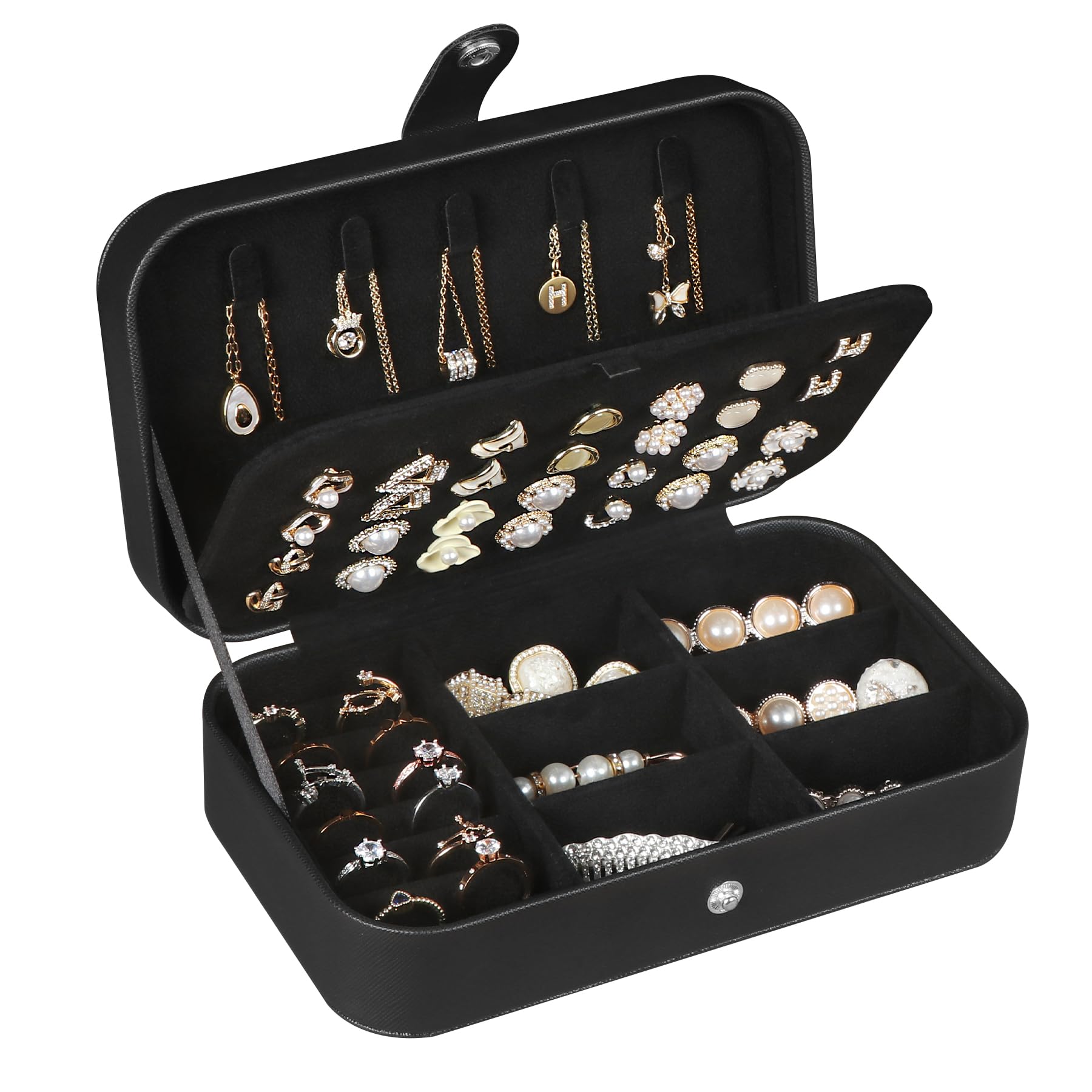 Upgraded PU Leather Travel Jewelry Box for Women - Portable Jewelry Organizer with Storage for Necklaces, Rings, Earrings & Bracelets | Perfect for Vacation, Business Trips & Daily Use - Black