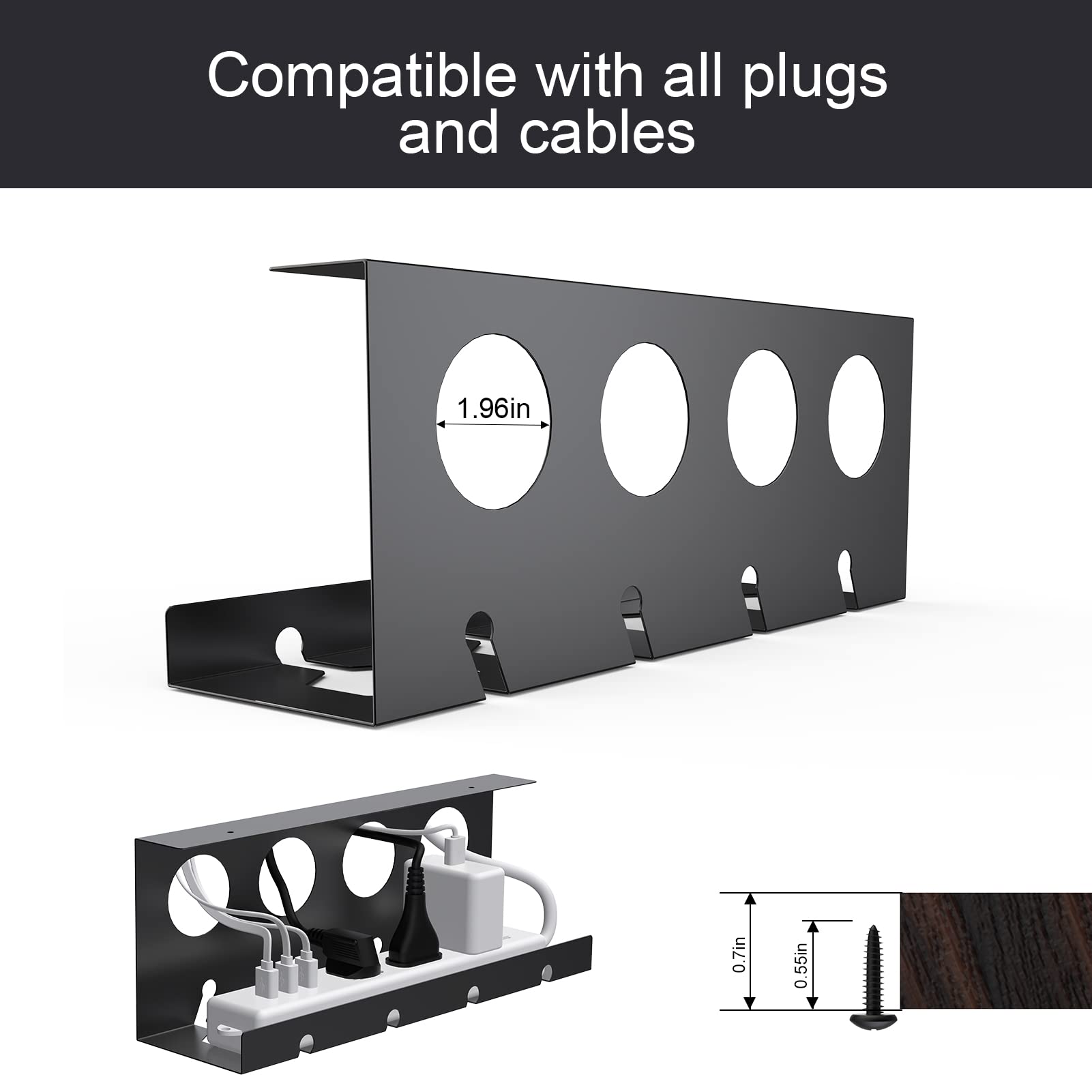 2 Pack Under Desk Cable Management Tray - Super Sturdy Metal Cable Raceway for Cords & Power Strips (12.6 Inch) | Organize Wires for Home Office & Gaming Setup