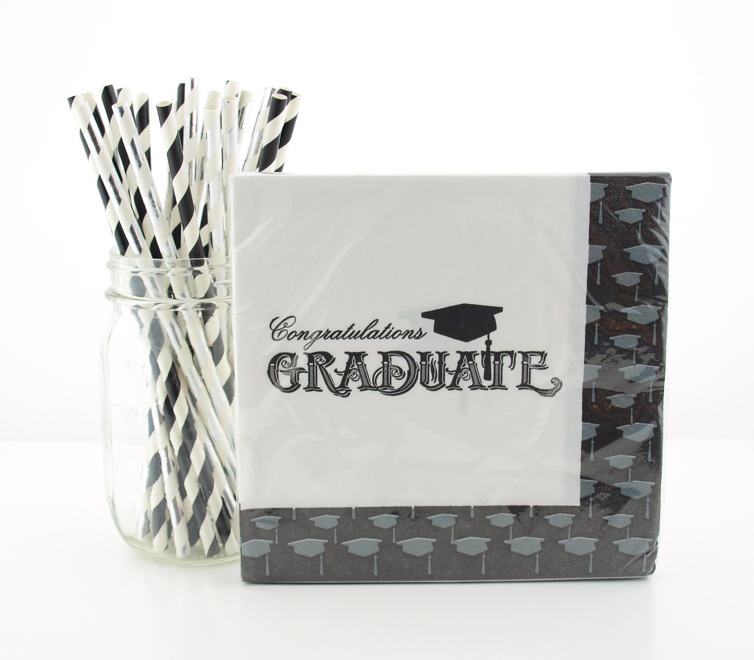Graduation Party Supplies Tableware Kit - 20 Count Black & Silver Graduation Paper Napkins & 25 Count Graduation Straws - Elegant Table Decor for Graduation Ceremony, High School & College Party Decorations