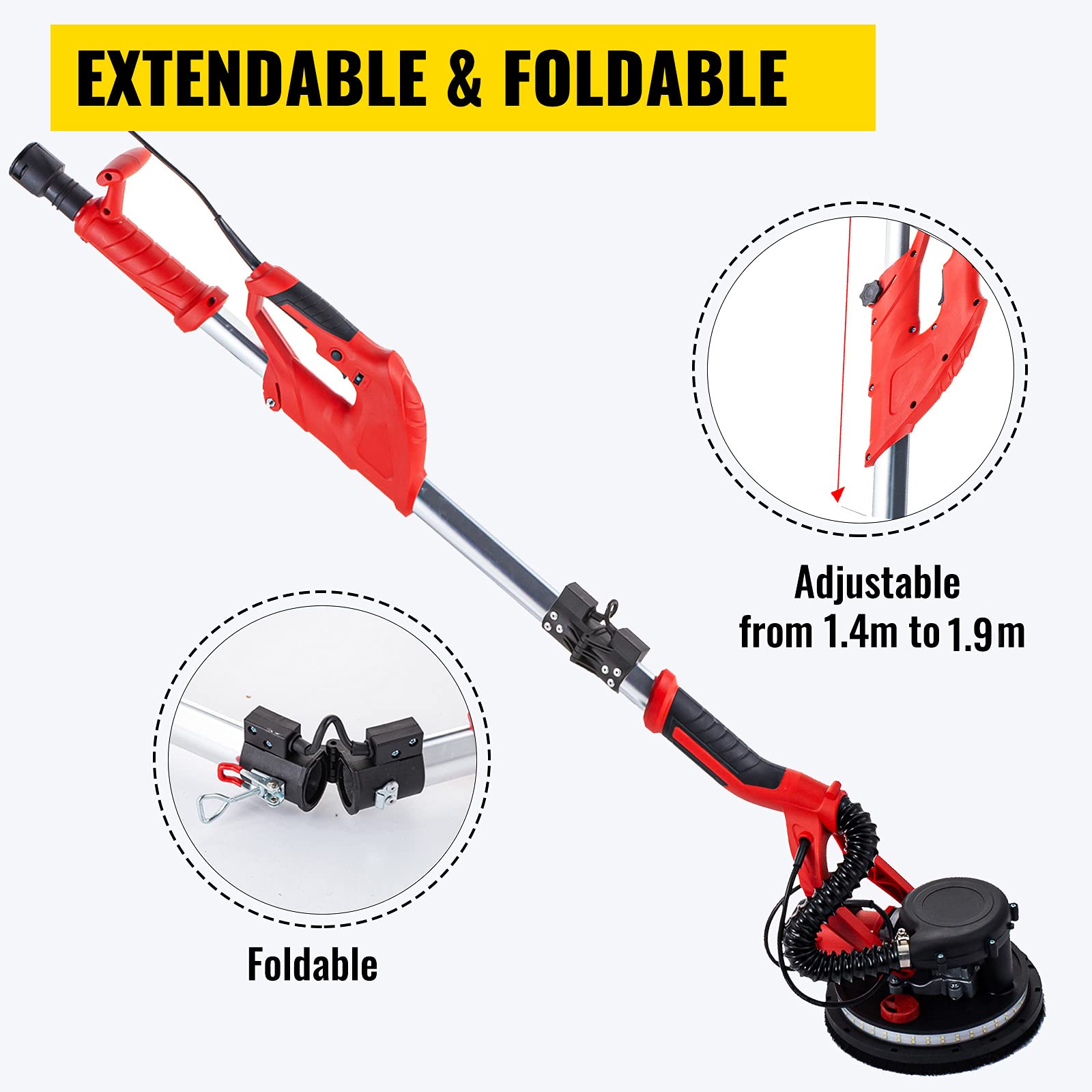 VEVOR 850W Electric Drywall Sander with LED Light & Vacuum Bag, Variable Speed 800-1750 RPM, Foldable Sheetrock Sander with Telescopic Handle - Perfect for Home Renovation, Wall Smoothing & Professional Drywall Finishing