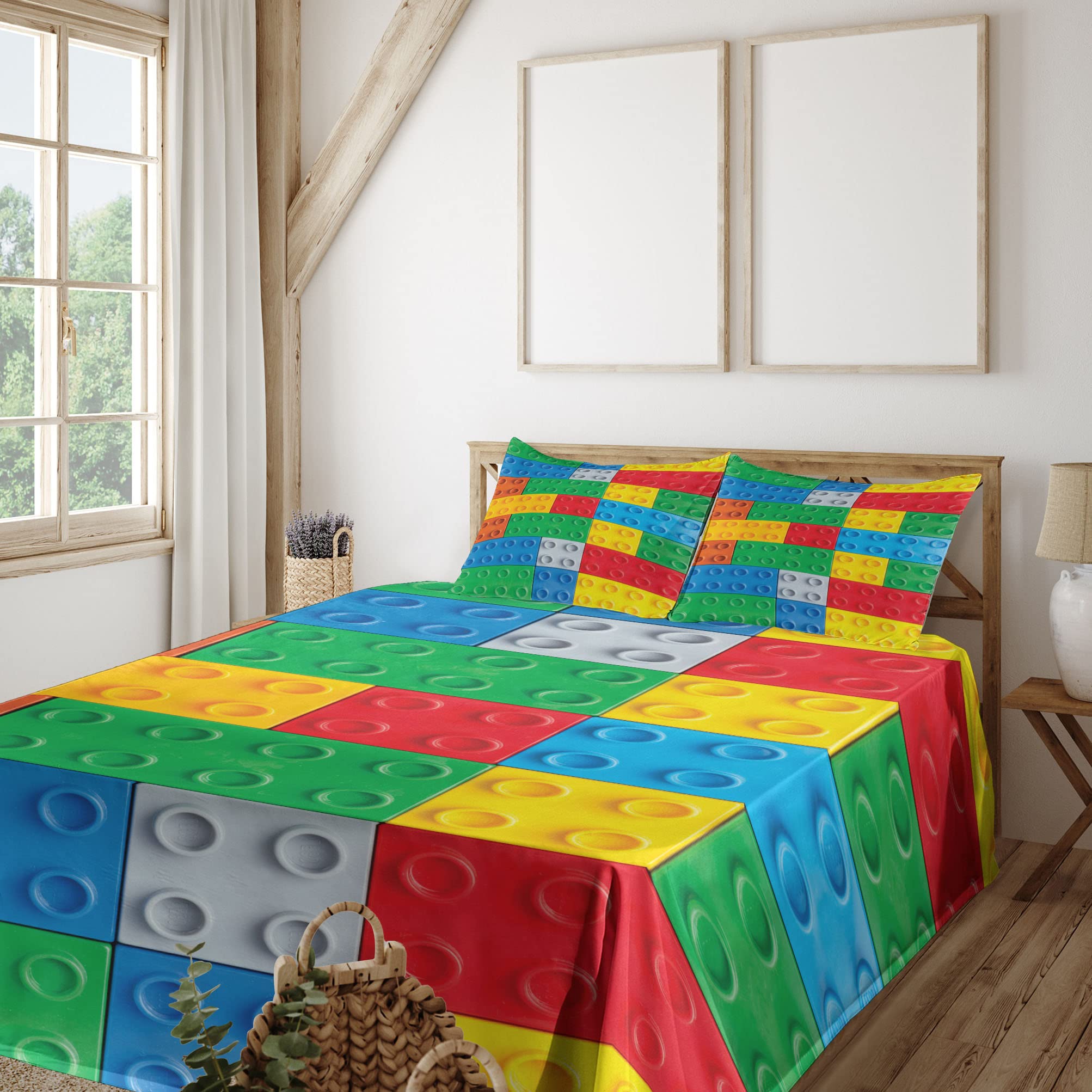 Ambesonne Cartoon Bed Sheet Set - Colorful Building Blocks Print, Funny & Vivid Playtime Theme - 4 Piece King Size Bedding Set with Fitted Sheet, Flat Sheet & Pillowcases - Green & Blue - Perfect for Kids' Rooms, Dorm Decor & Playful Bedroom Themes