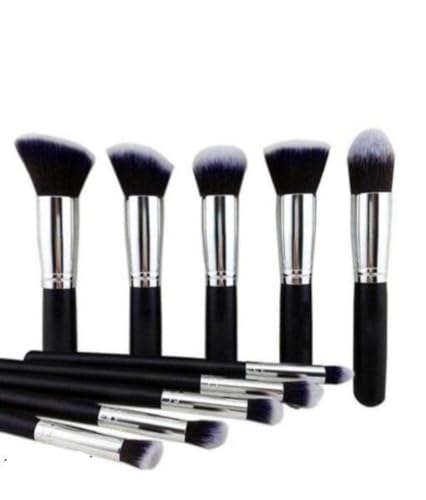 Premium Synthetic Kabuki Makeup Brush Set - 10pcs Foundation, Blush & Eyeshadow Brushes with Blender Sponge & Brush Cleaner (Black/Silver) - Perfect for Professional Makeup Artists & Beauty Enthusiasts