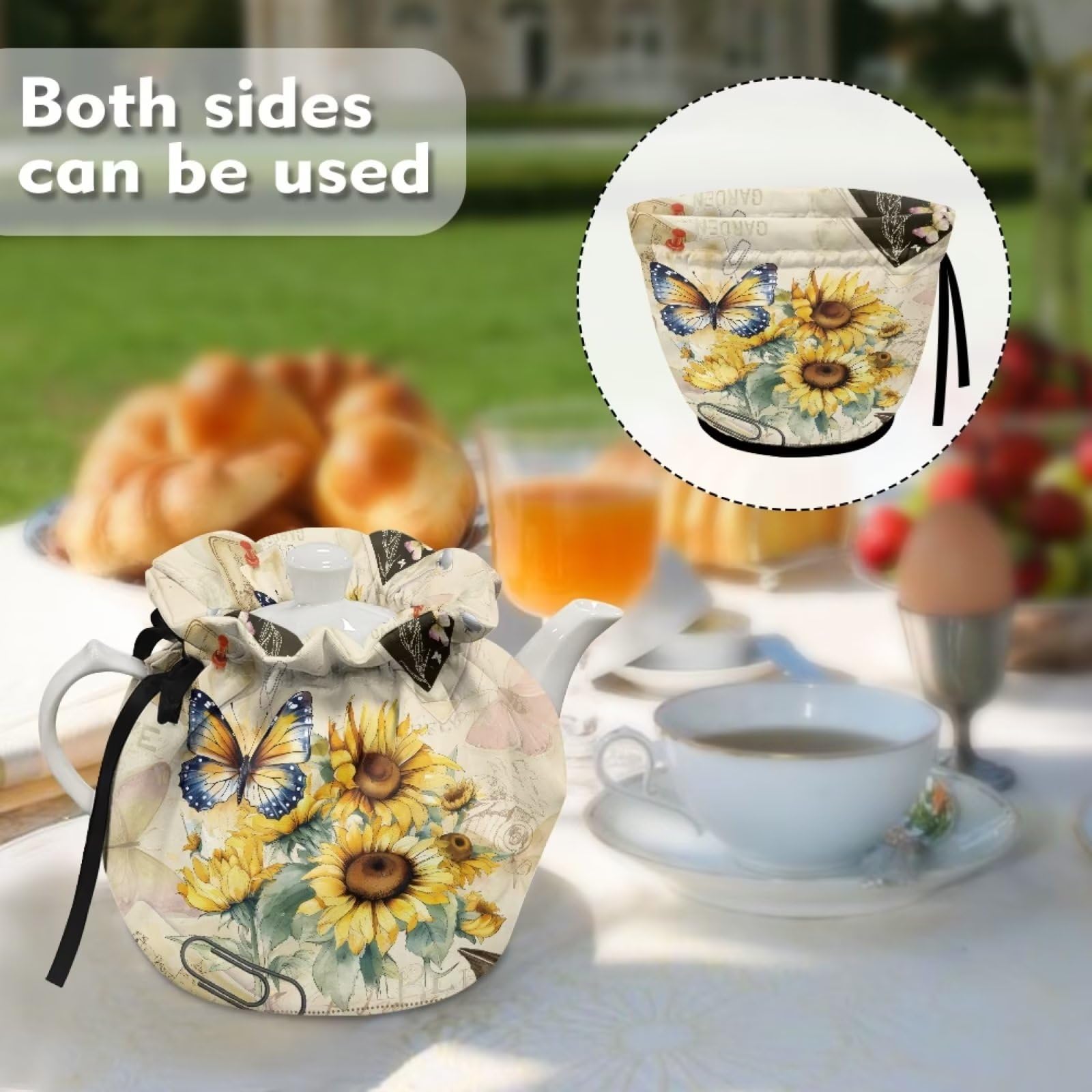Butterfly Sunflower Tea Pot Cozy - Cotton Teapot Cover for Travel & Home - Dustproof Tea Kettle Cozy - Cute Kitchen Accessories & Decor - Perfect for Tea Parties, Gifts, and Cozy Home Decor