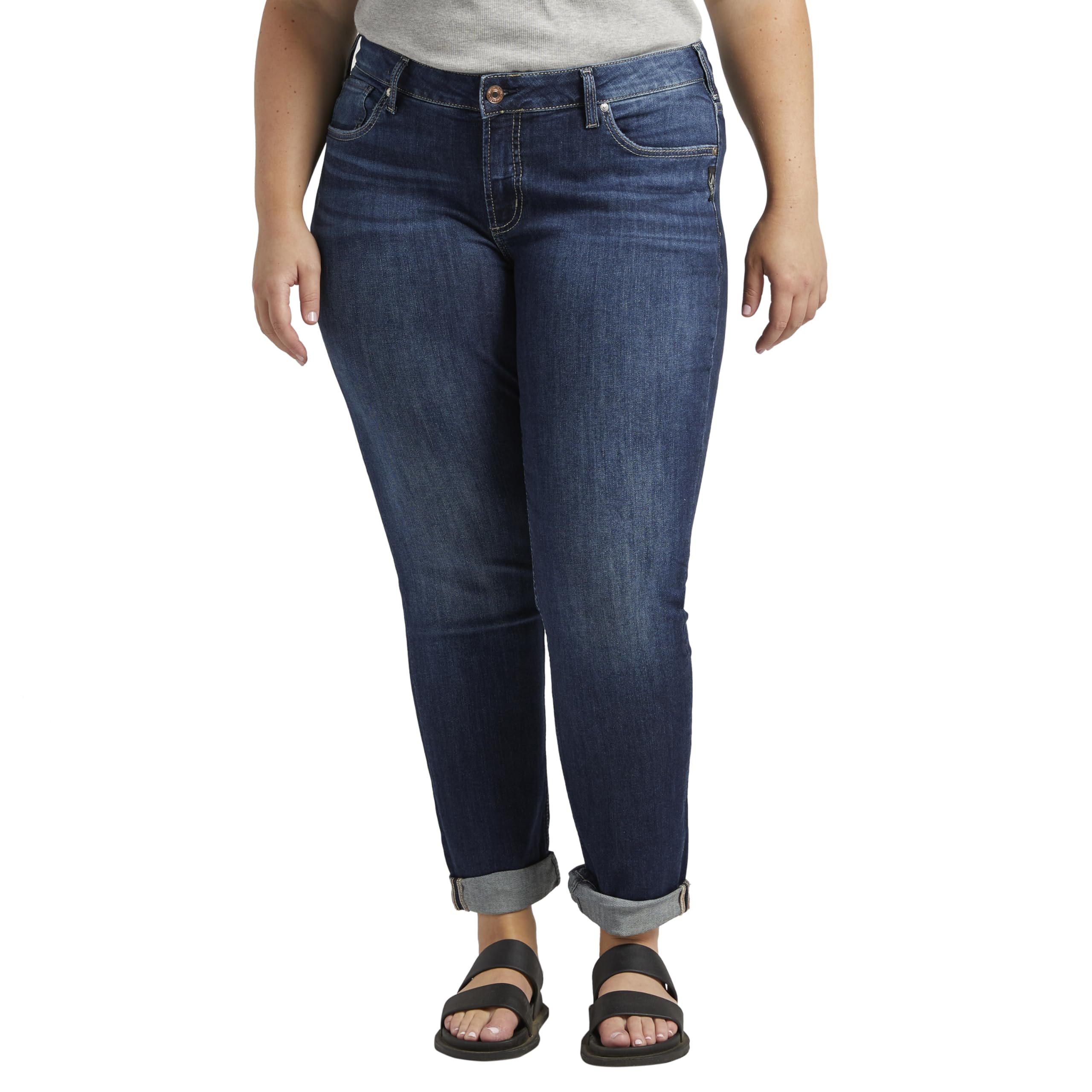 Silver Jeans Co. Women's Plus Size Boyfriend Jeans - Mid Rise Slim Leg Denim Pants for Casual Wear & Everyday Comfort