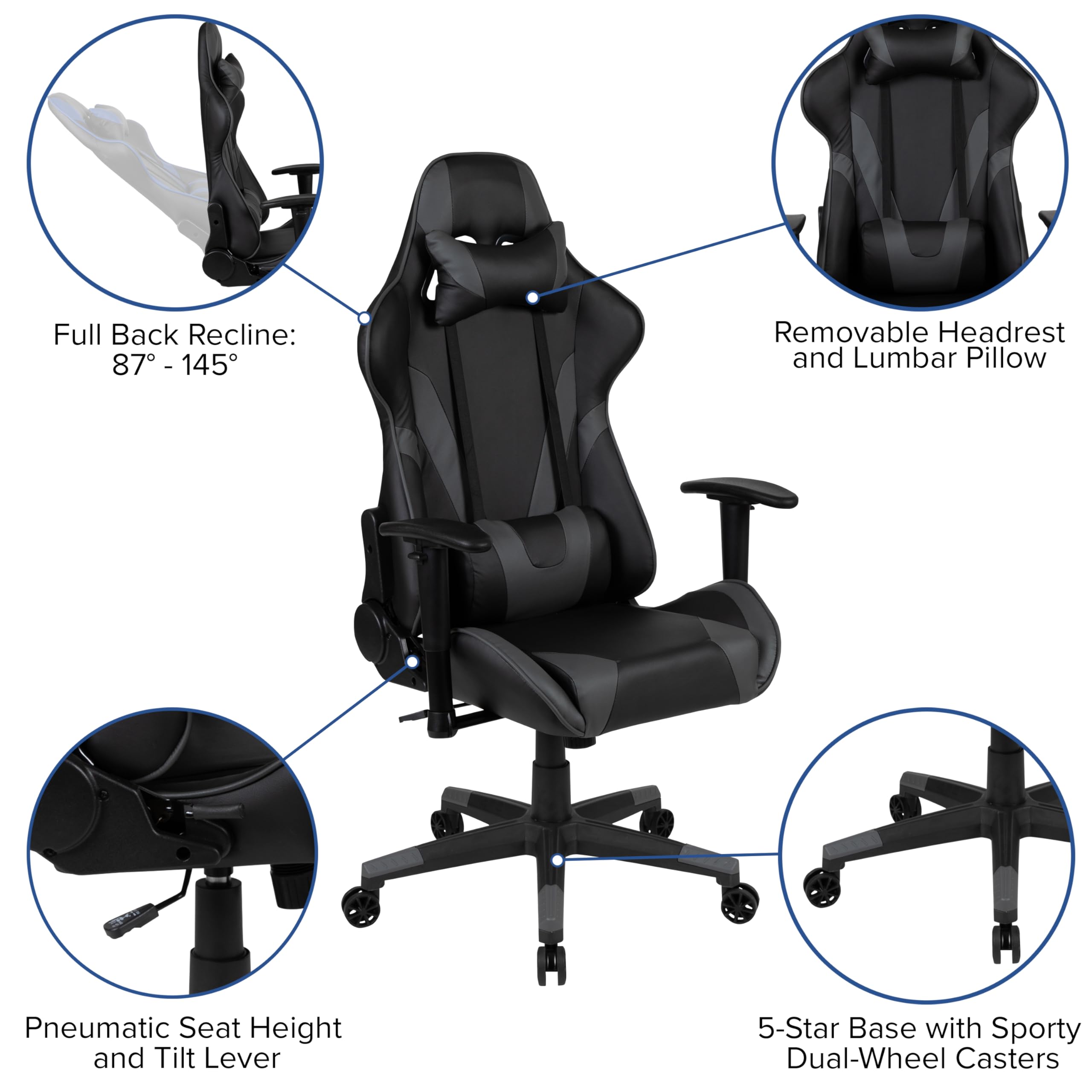 EMMA + OLIVER Black Gray Gaming Desk Bundle with Cup Holder, Headset Stand & Mouse Pad - Ergonomic Computer Desk for PC Gaming Setup, Home Office & Streaming Station